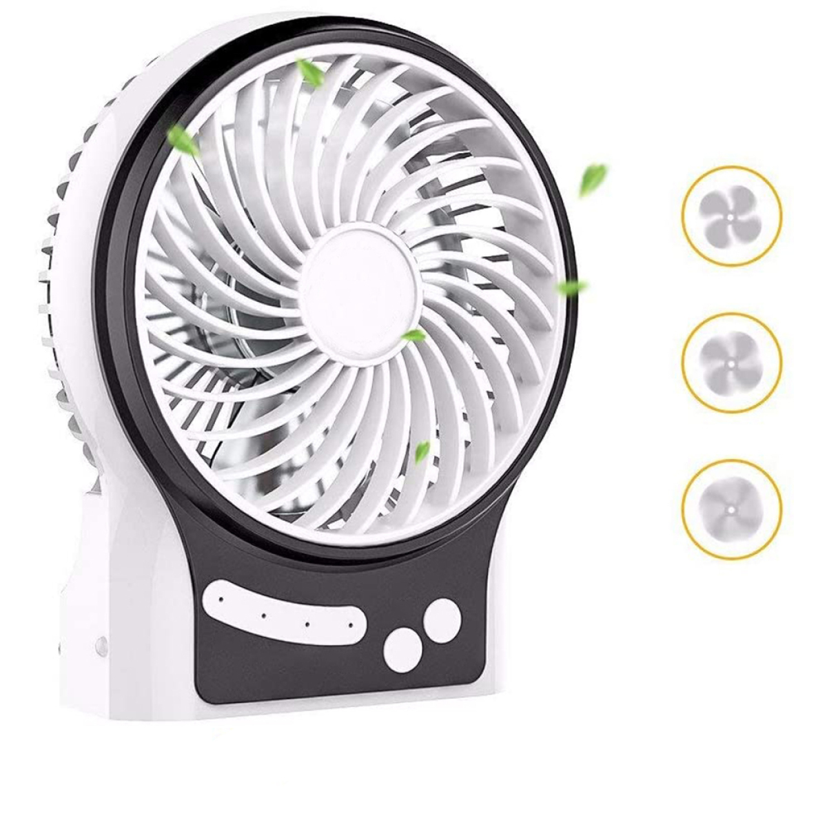Weiß-schwarzer Ventilator mit rotierenden Blättern und Knöpfen.