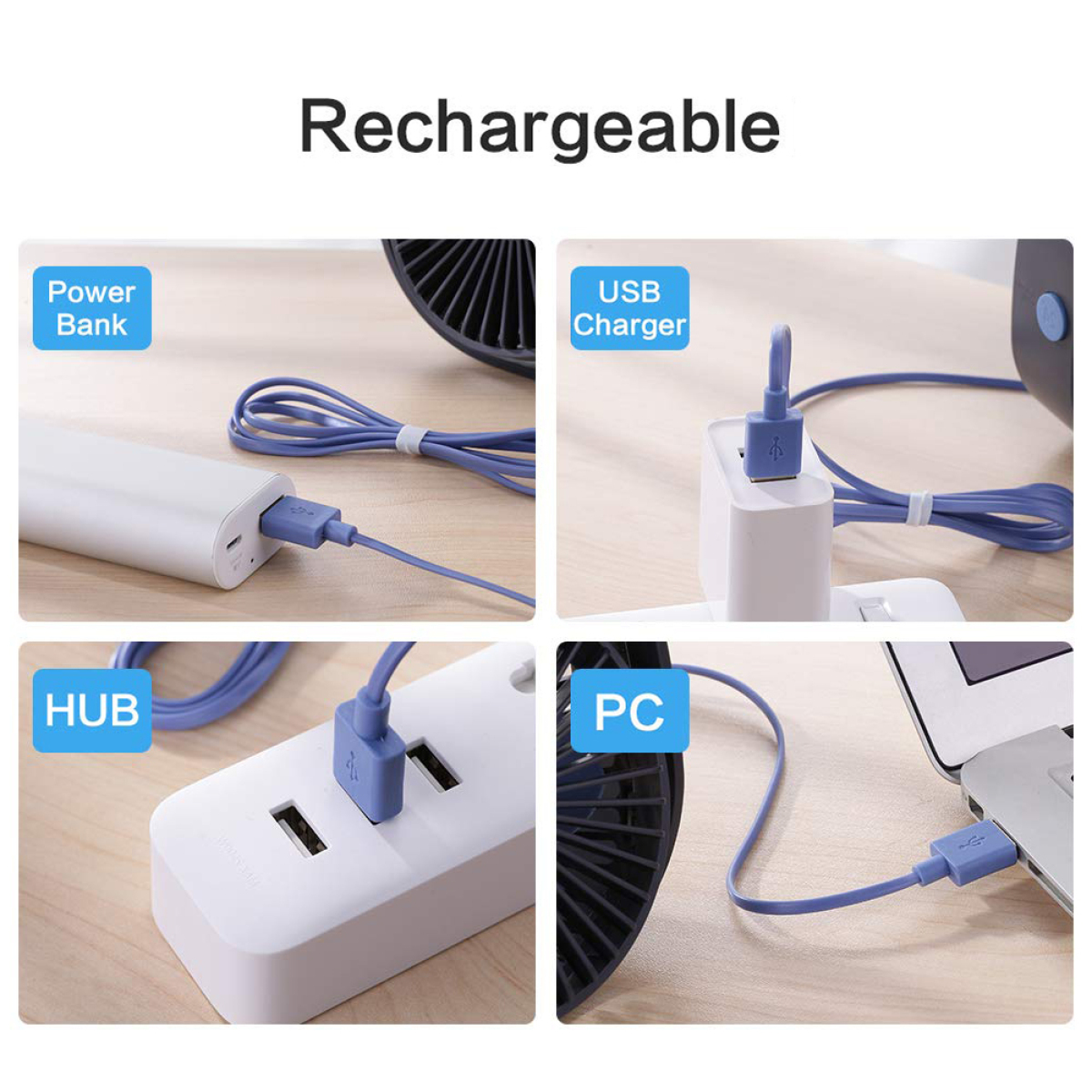 Vier Bilder, die wiederaufladbare Artikel zeigen. Dazu gehören eine Powerbank, ein USB-Ladegerät, ein Hub und ein PC.