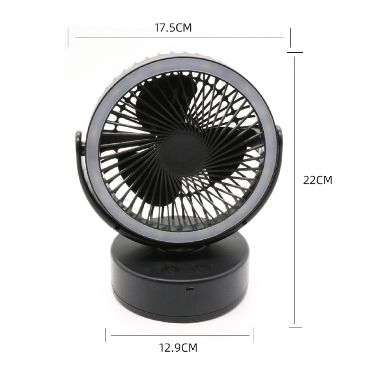 Schwarzer Ventilator mit Ringlicht und Sockel. Der Ventilator hat schwarze Flügel. Der Hintergrund ist weiß.