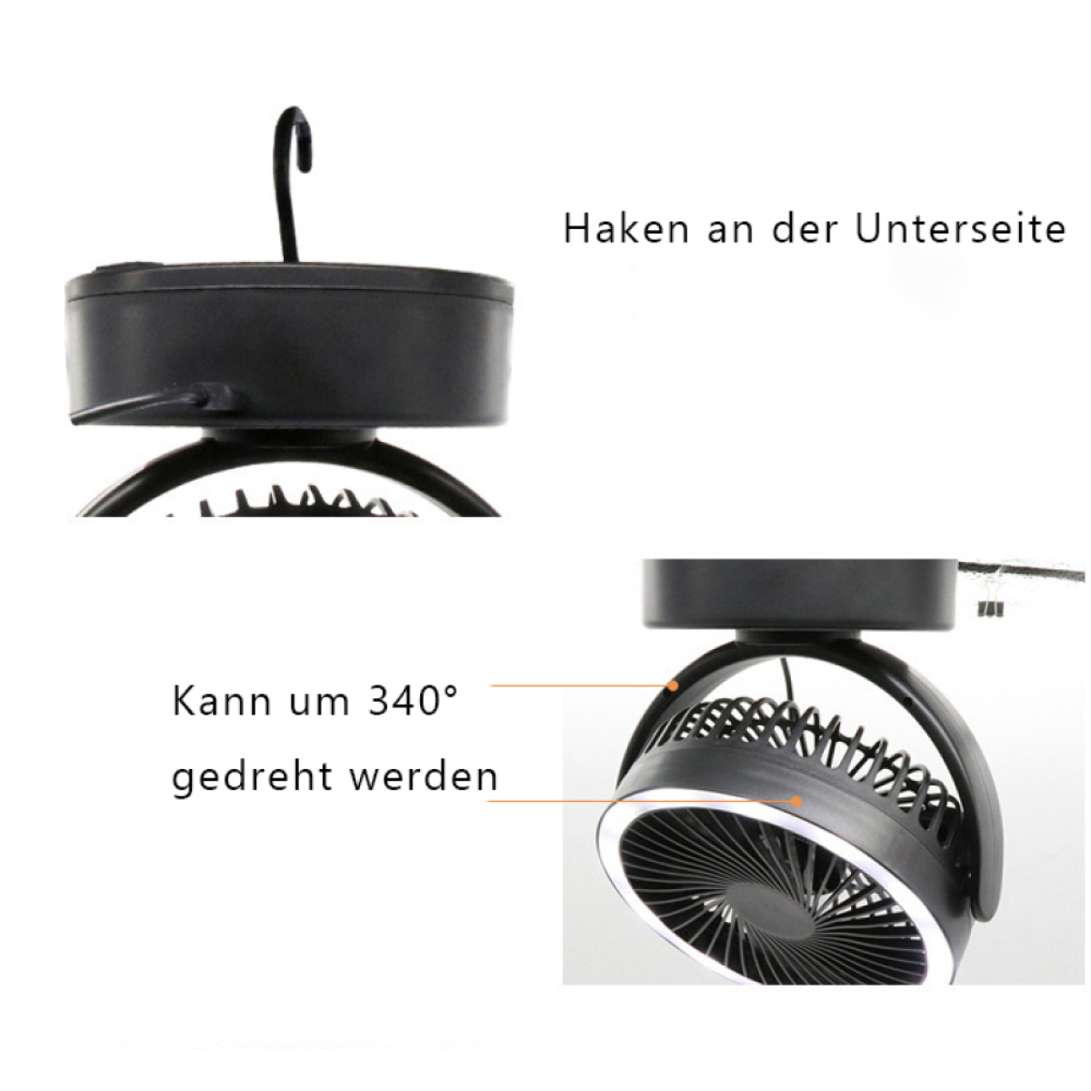 Zwei Bilder eines schwarzen Ventilators mit Haken und drehbarem Design, mit Text zur Beschreibung der Funktion.