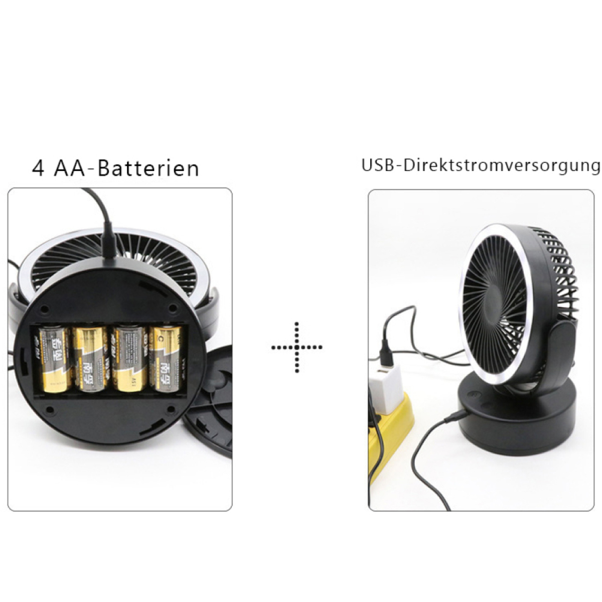 Zwei Ventilatoren und Batterien auf der einen Seite, ein Ventilator an einer Stromquelle auf der anderen.