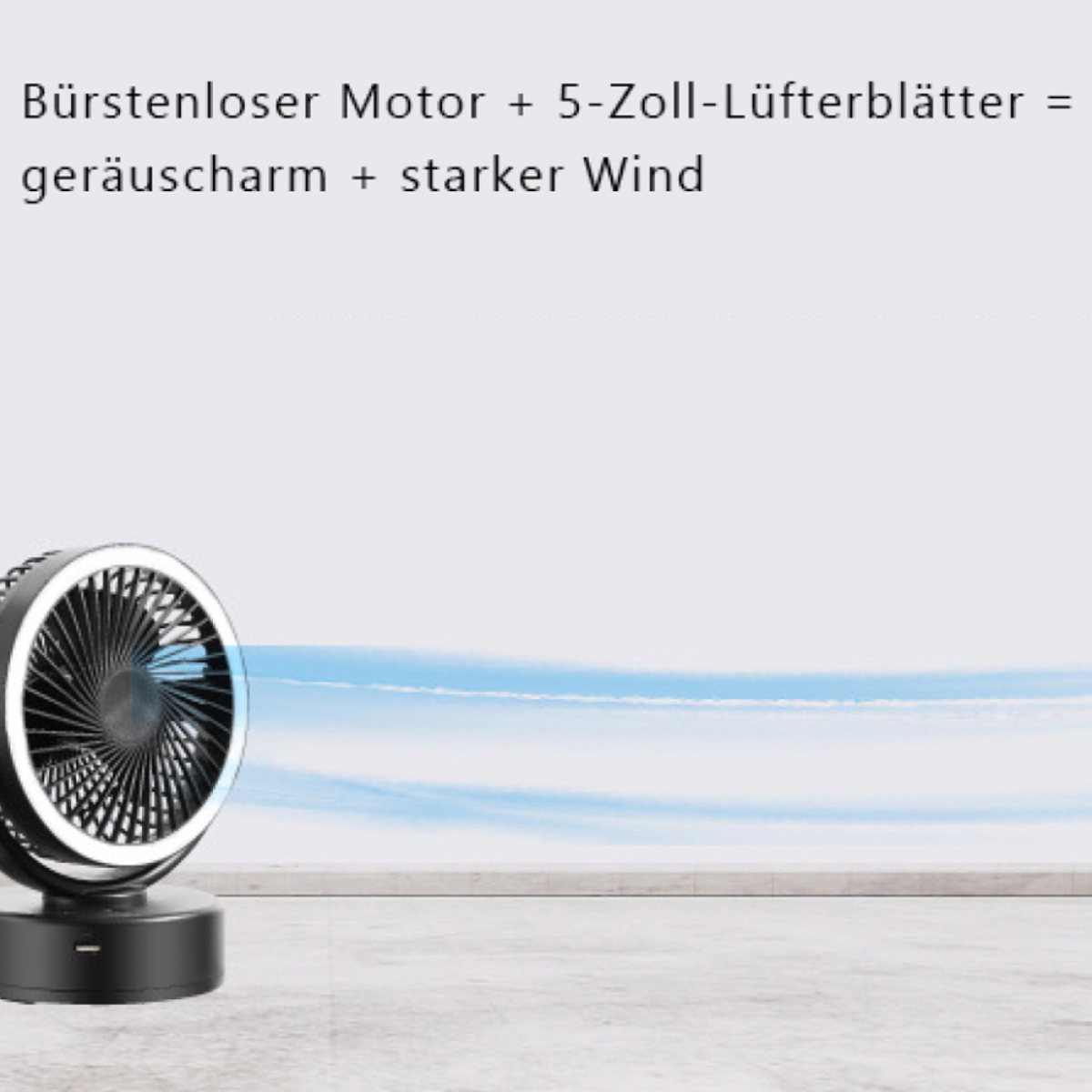 Schwarzer Ventilator mit Text im Hintergrund. Blauer Himmel-Effekt. Weißer Hintergrund.