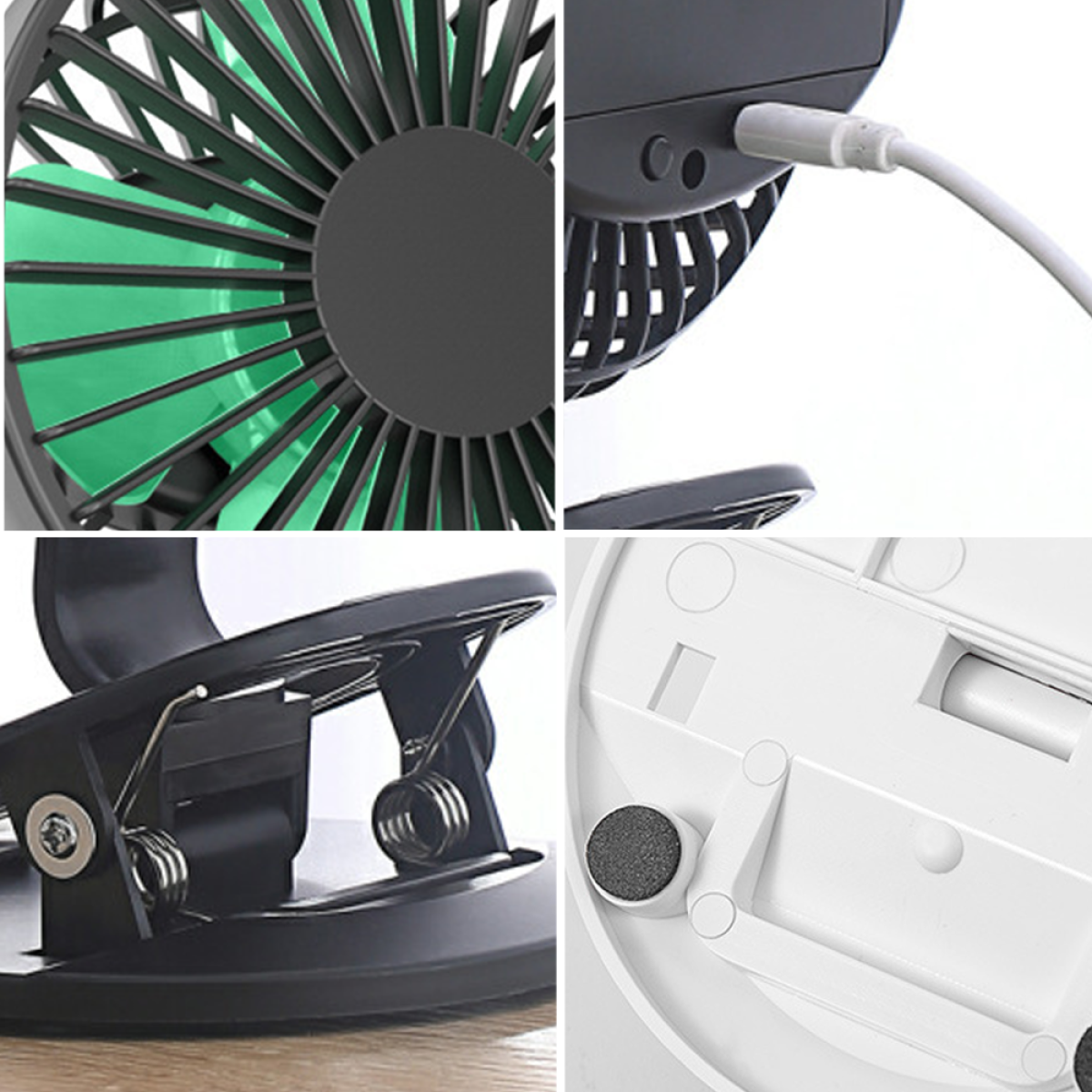 Nahaufnahme eines kleinen schwarzen Ventilators mit grünen Flügeln, verschiedene Ansichten.