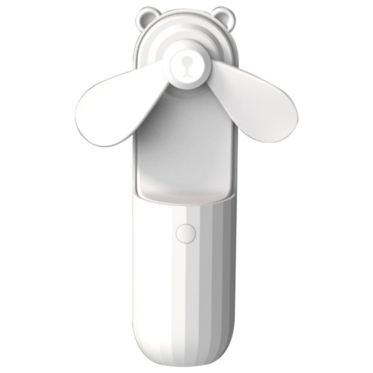 Weißer, bärenförmiger Handventilator mit zwei Flügeln, einem Knopf und gestreiftem Griff.