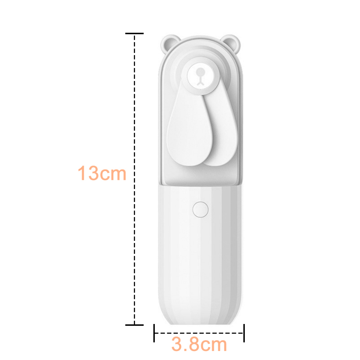 Weißer, bärenförmiger Mini-Ventilator, mit Maßen: 13 cm Höhe, 3,8 cm Breite.