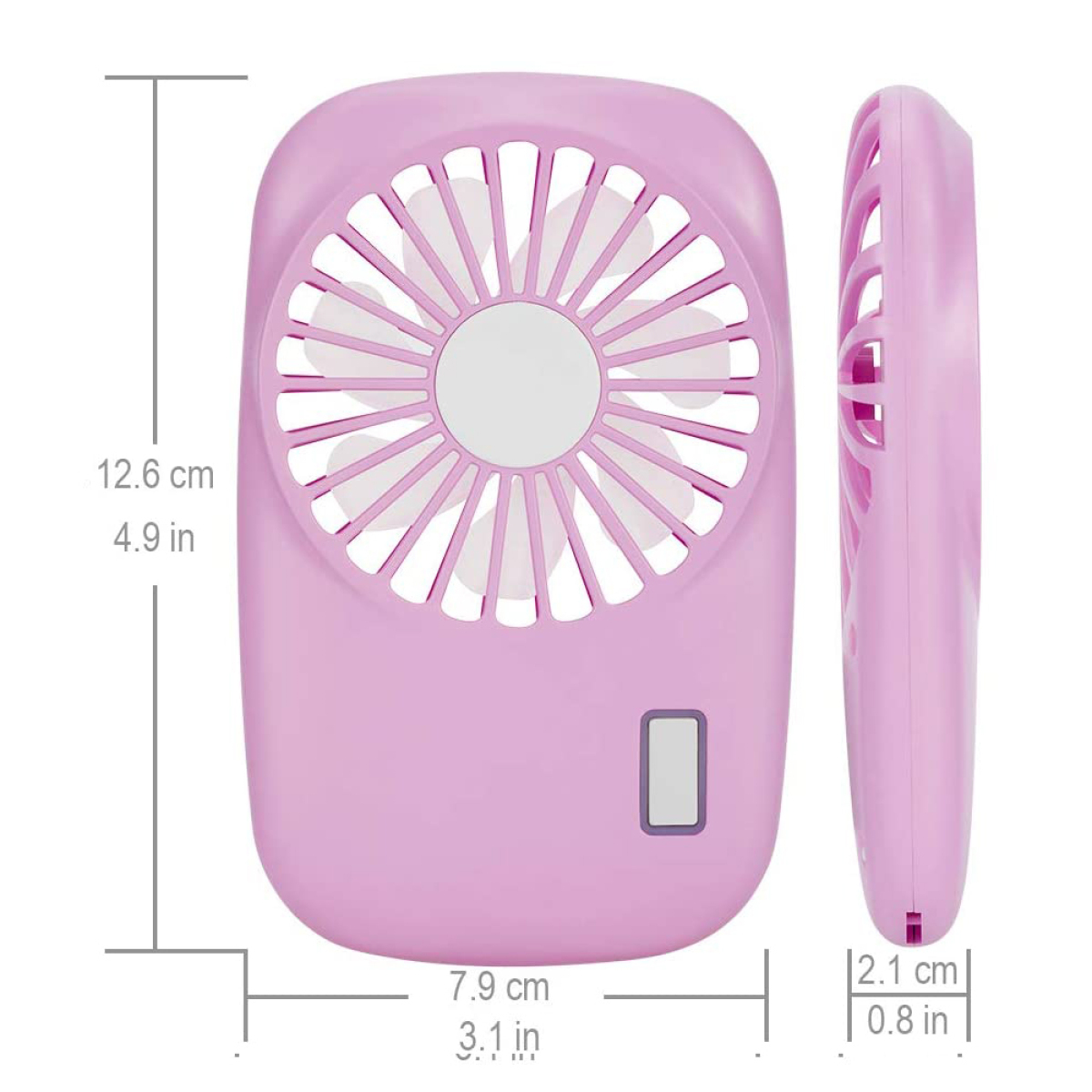 Rosa tragbarer Ventilator mit Abmessungen: 12,6 cm hoch, 7,9 cm breit und 2,1 cm dick. Seitenansicht sichtbar.
