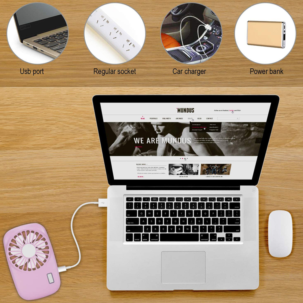 Laptop-Aufladung mit Zubehör: Ventilator, Maus, Powerbank, Steckdose, Autoladegerät.