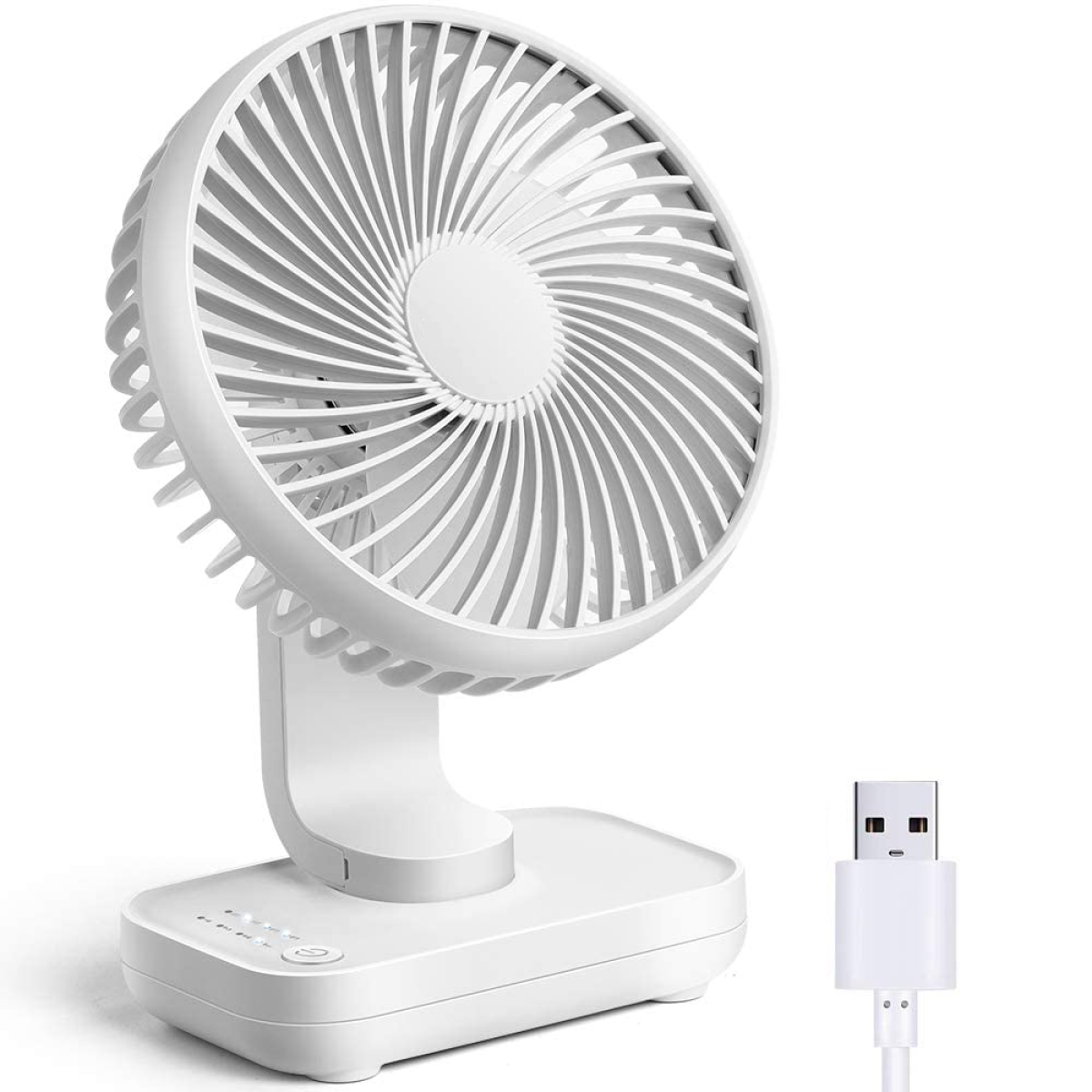 Weißer Schreibtischventilator mit geschwungenem Ständer, einer Basis mit Bedientasten und einem USB-Kabel. Er hat ein Lüfterdesign.