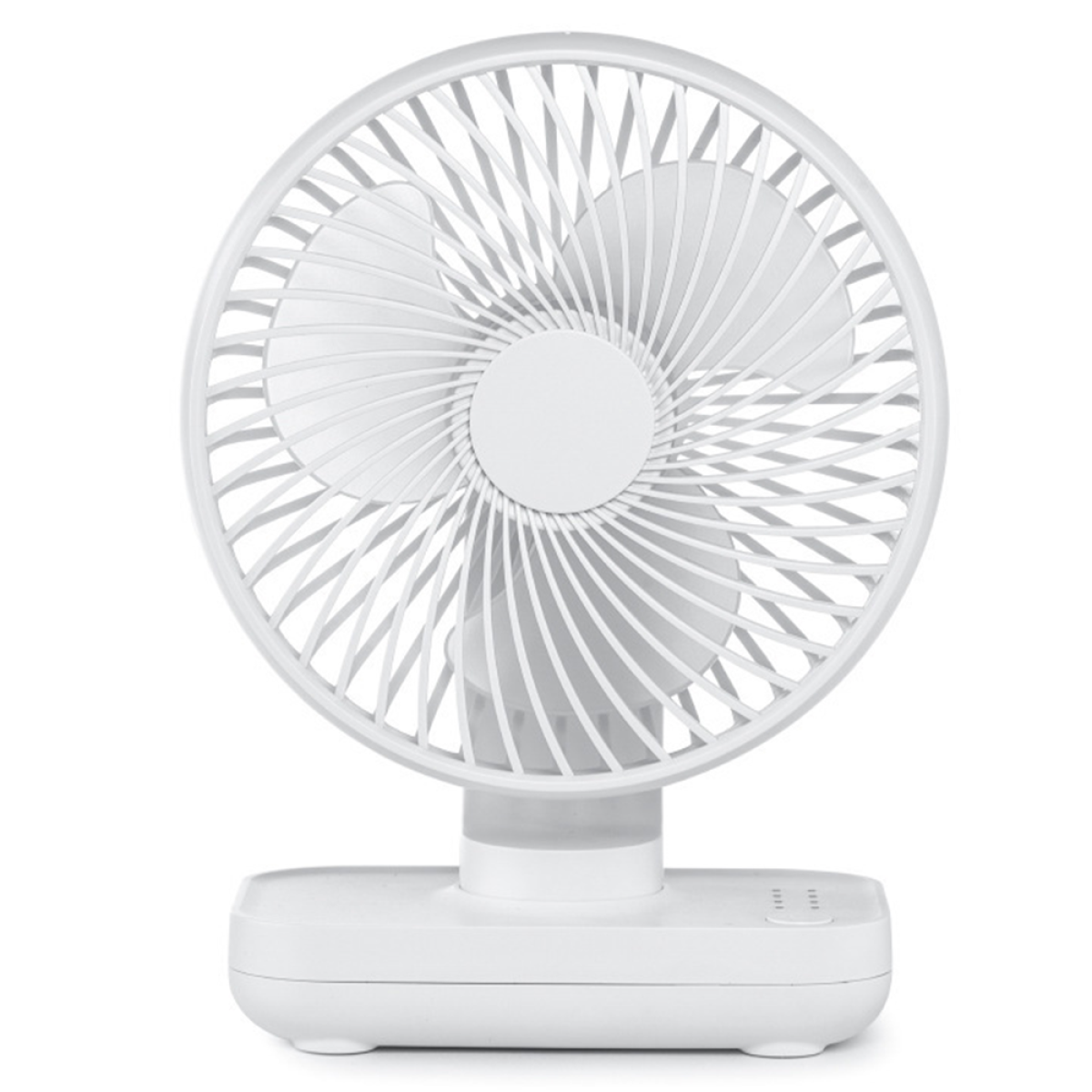 Weißer Schreibtischventilator mit kreisförmigem Design. Er hat einen abgerundeten Sockel und ein Gitter.