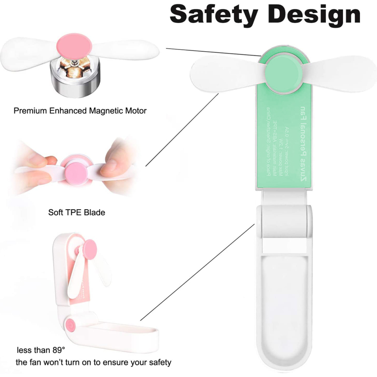Detaillierte Ansicht eines rosa-weißen Ventilators mit Sicherheitsmerkmalen. Weiche Klinge und Motor enthalten.