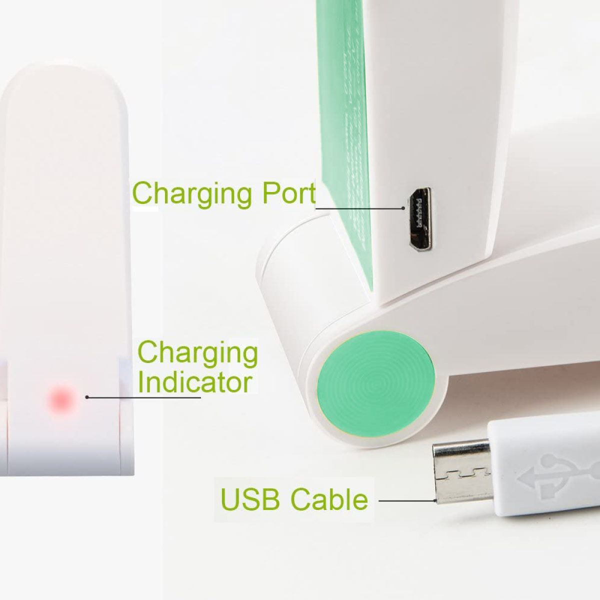 Weißes Gerät mit 'Charging Port', 'Charging Indicator' und 'USB Cable'. Rotes Licht zeigt das Laden an.