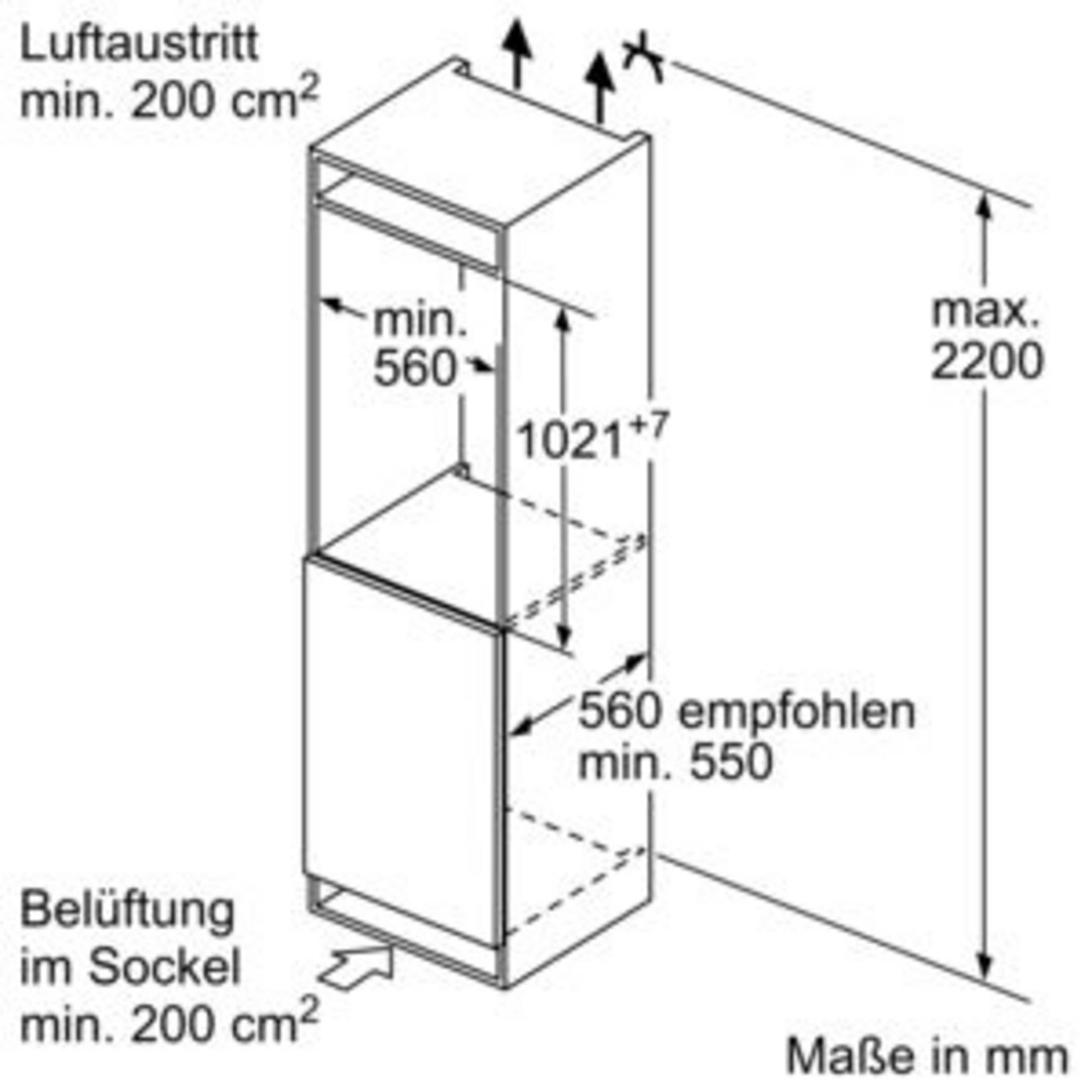 Technische Zeichnung eines Einbauofens mit Abmessungen in Millimetern.