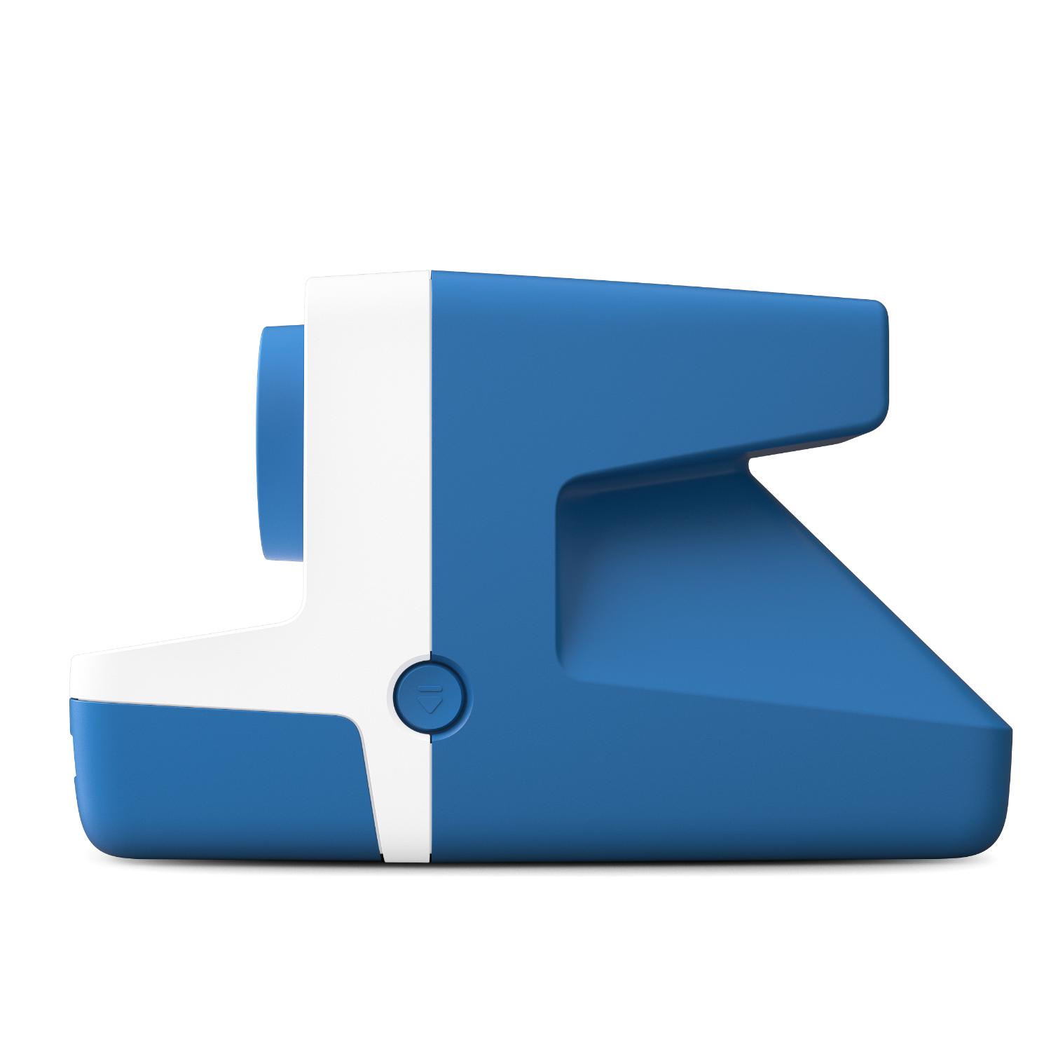 Niebiesko-biały aparat Polaroid, widok z boku, na białym tle. Ma obiektyw i przycisk.