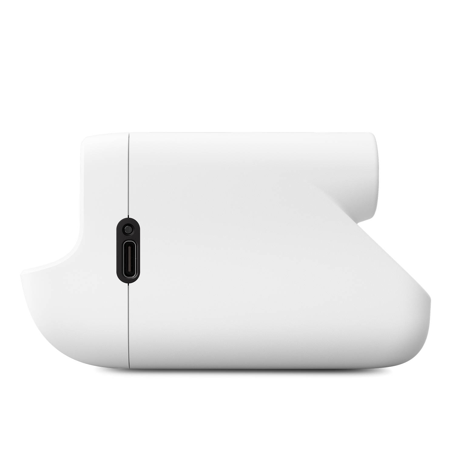 Un dispositivo blanco con una parte superior redondeada y un puerto USB lateral.