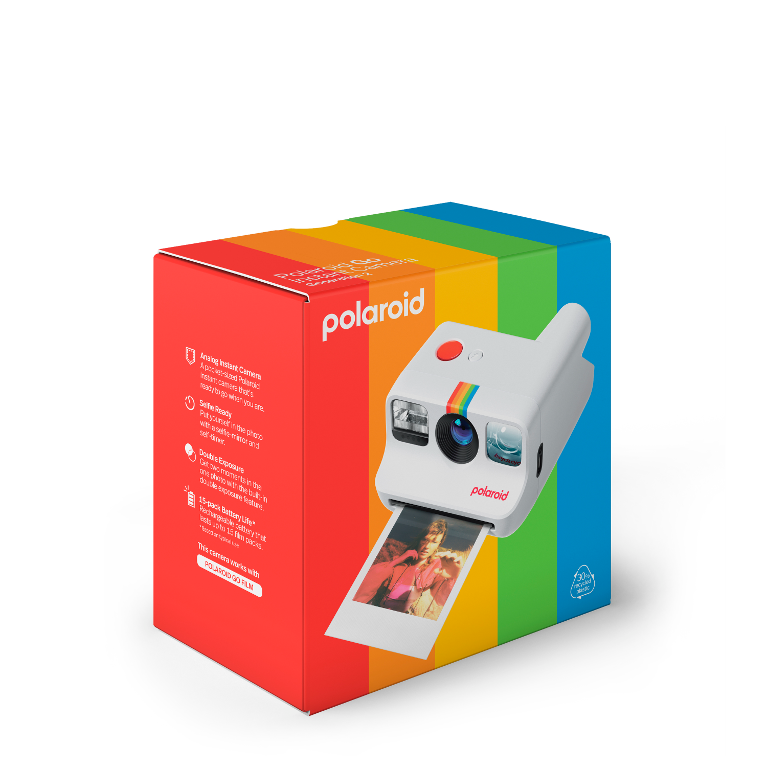 Caja de cámara Polaroid con cámara. La caja tiene rayas de arcoíris. La cámara muestra una foto.