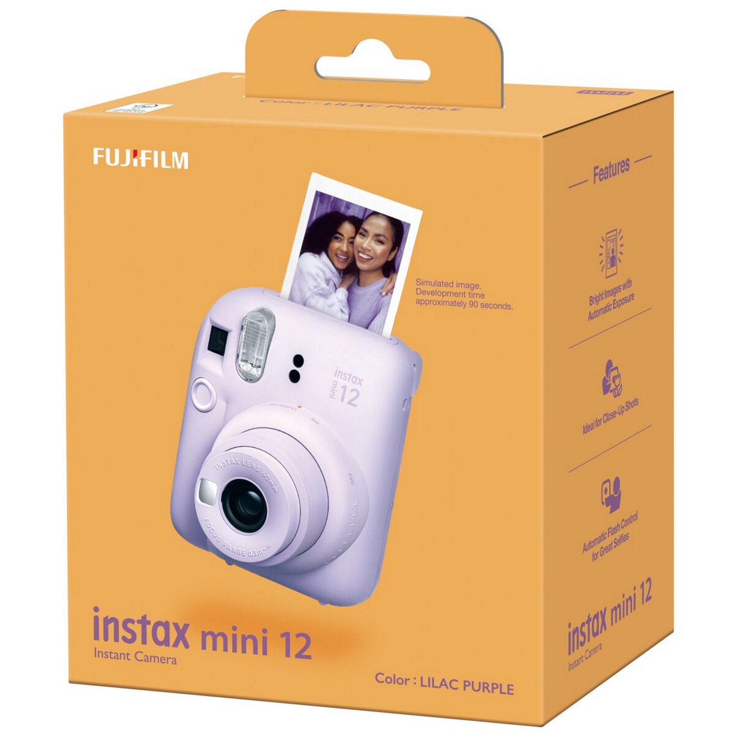 Turuncu bir kutu ile lila bir Instax Mini 12 kamera. Kutu, iki kişiyi ve kameranın özelliklerini gösteriyor.