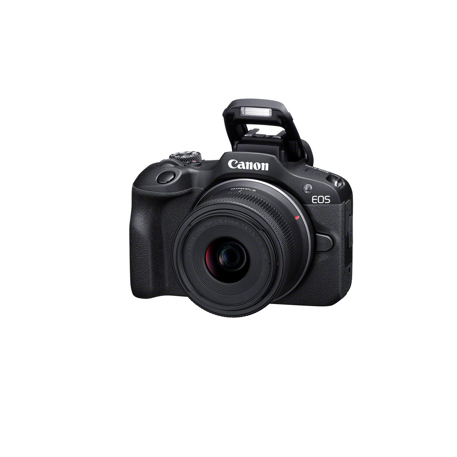 Cámara Canon EOS negra con lente y flash sobre fondo blanco.