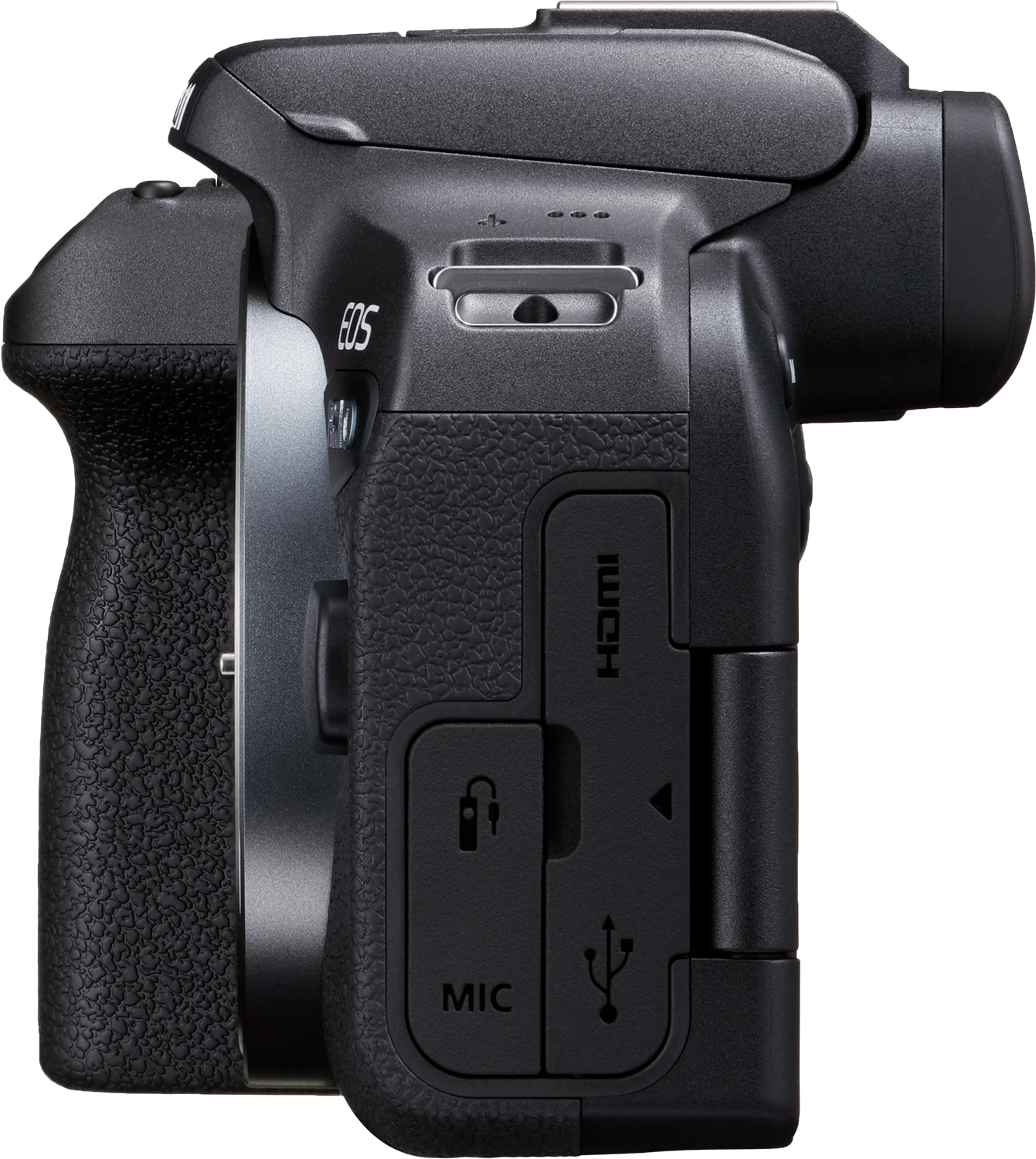 Czarny aparat Canon EOS, widok z boku z portami i uchwytem, ​​izolowany na czarnym tle.