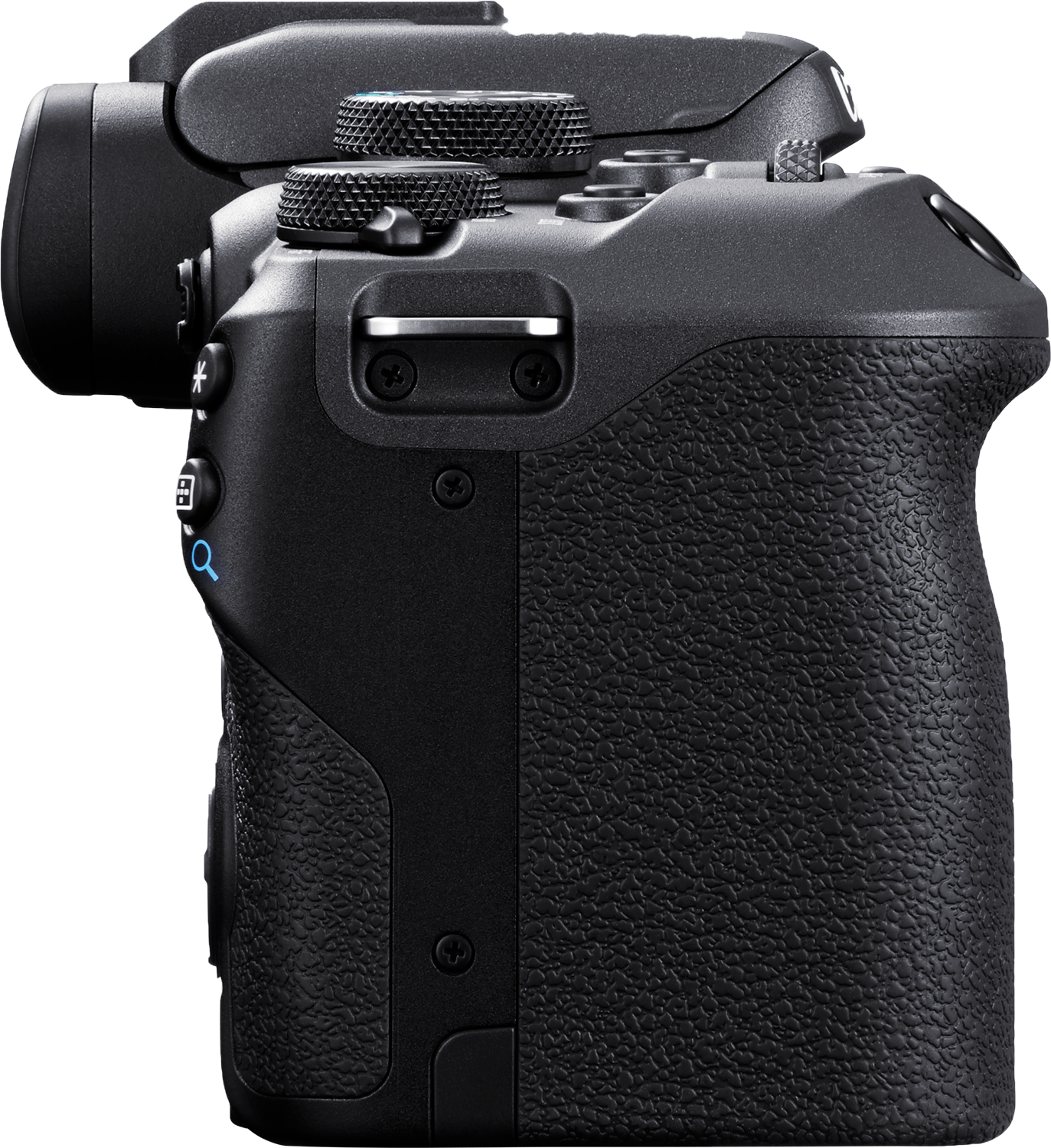 Widok z boku czarnego aparatu z teksturowanym uchwytem i przyciskami. Obiektyw jest widoczny.