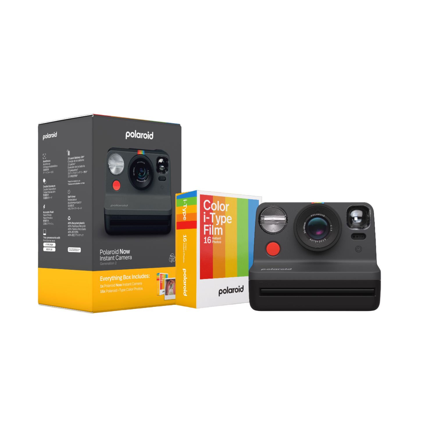 Cámara instantánea Polaroid y caja de película. Incluye una cámara, película y una caja.