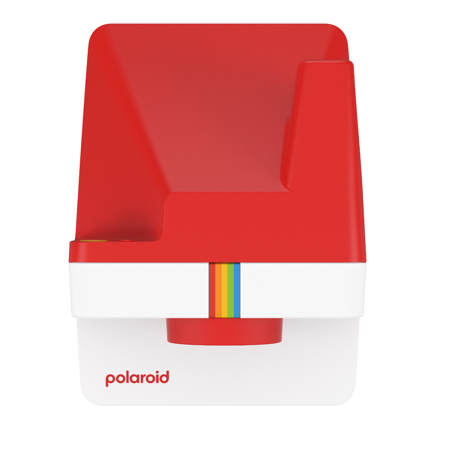 Una cámara Polaroid roja y blanca con una franja de color, con la palabra polaroid en ella.
