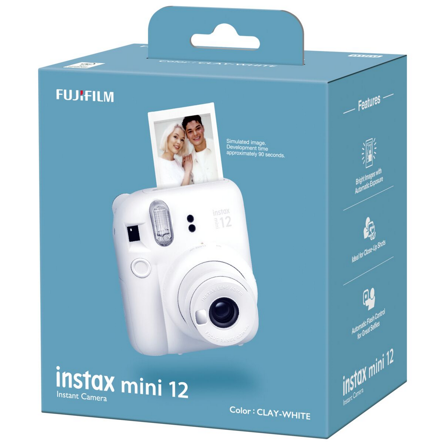 Bir kutuda beyaz bir Instax Mini 12 anında fotoğraf makinesi. Kutu mavidir ve resimler ve metin içerir.