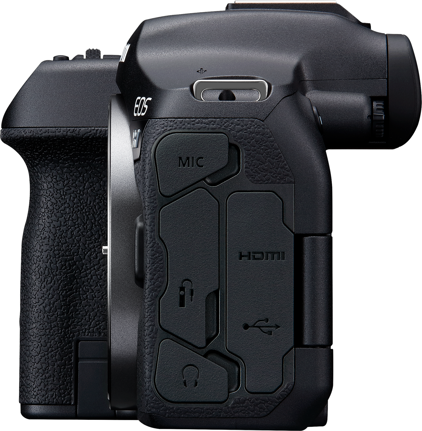 Die Seitenansicht einer schwarzen Canon EOS Kamera mit sichtbaren Knöpfen und Anschlüssen.