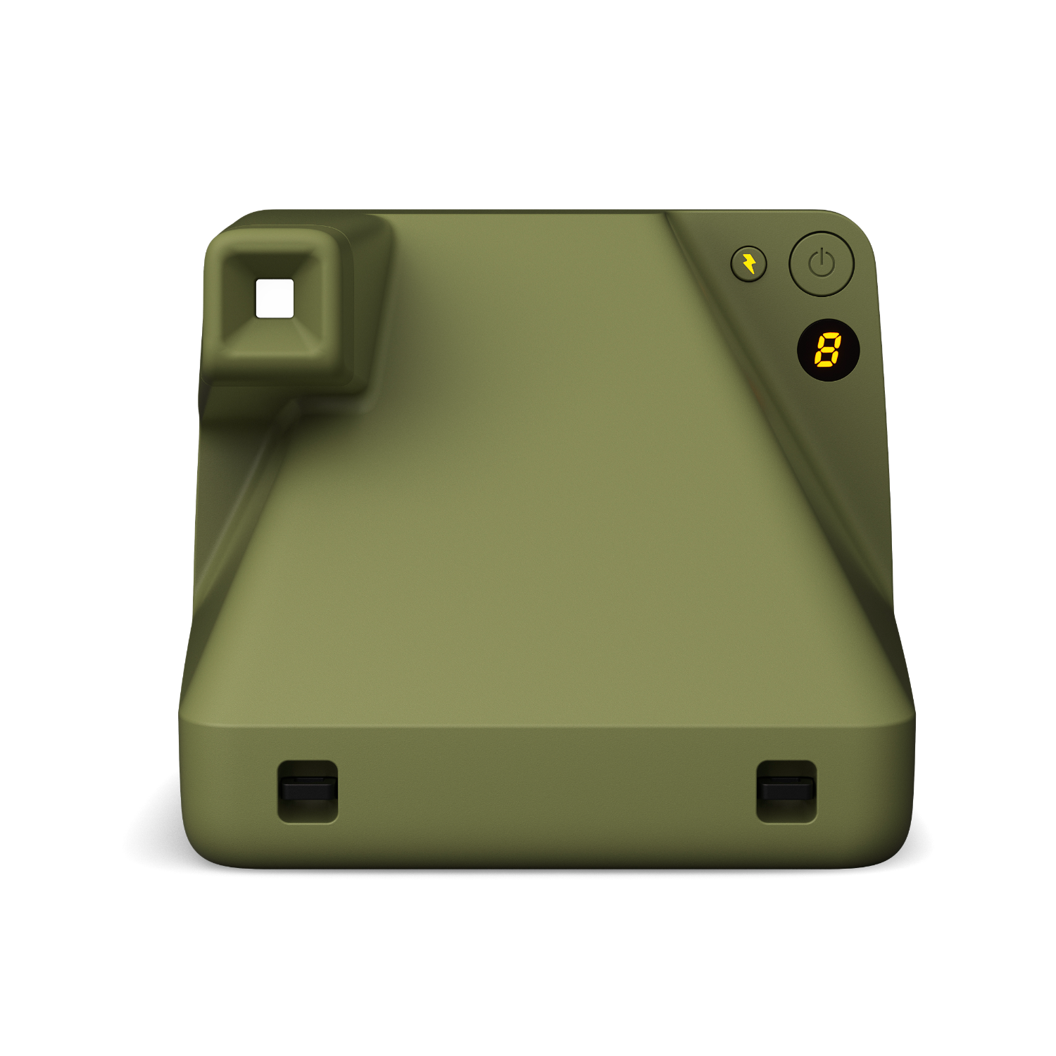 Una fotocamera istantanea verde oliva. Ha un mirino, un flash e un display che mostra il numero 8.