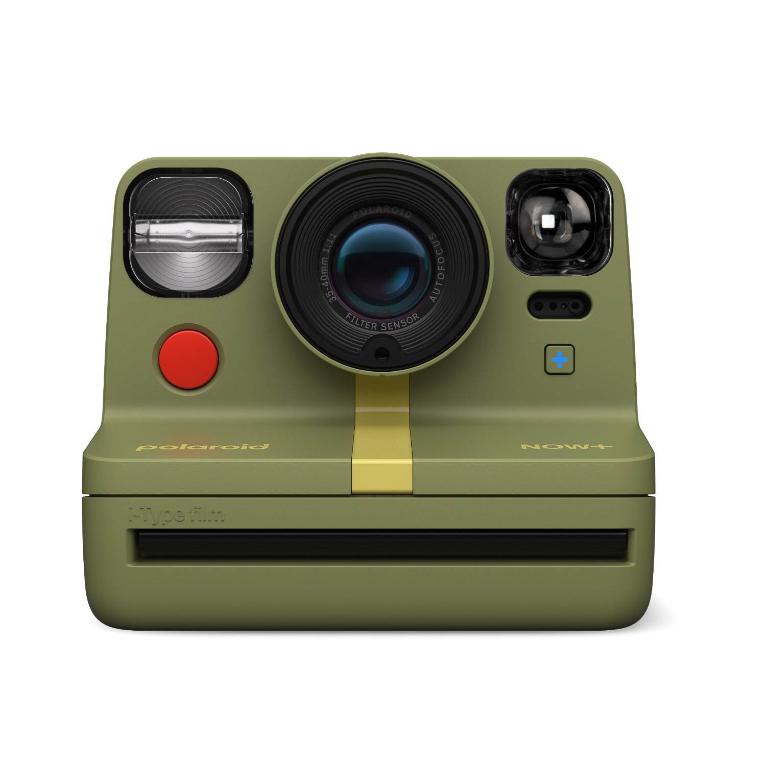 Una fotocamera Polaroid verde oliva con una striscia gialla e un pulsante rosso.