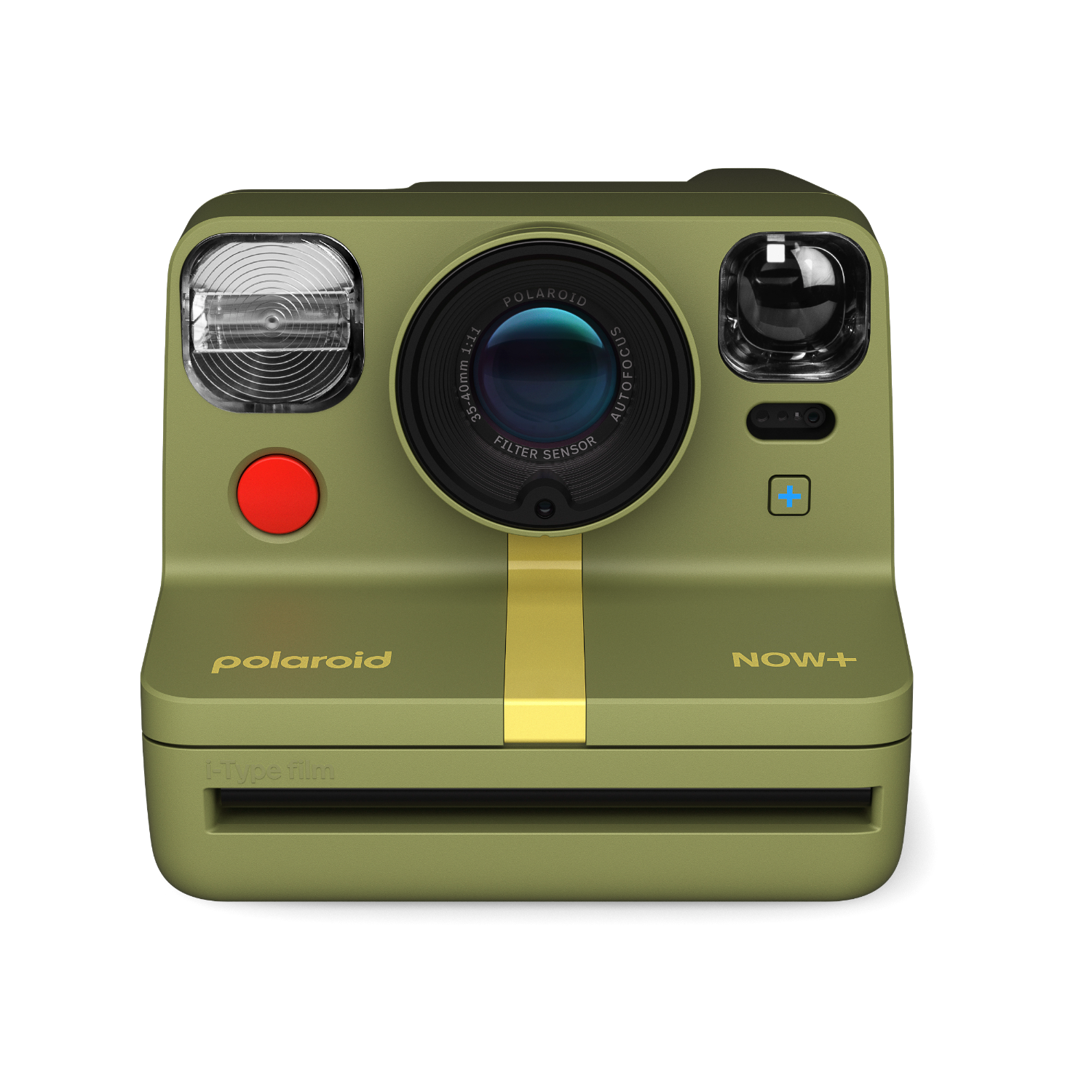 Fotocamera istantanea verde Polaroid Now+, con striscia gialla e pulsante rosso.
