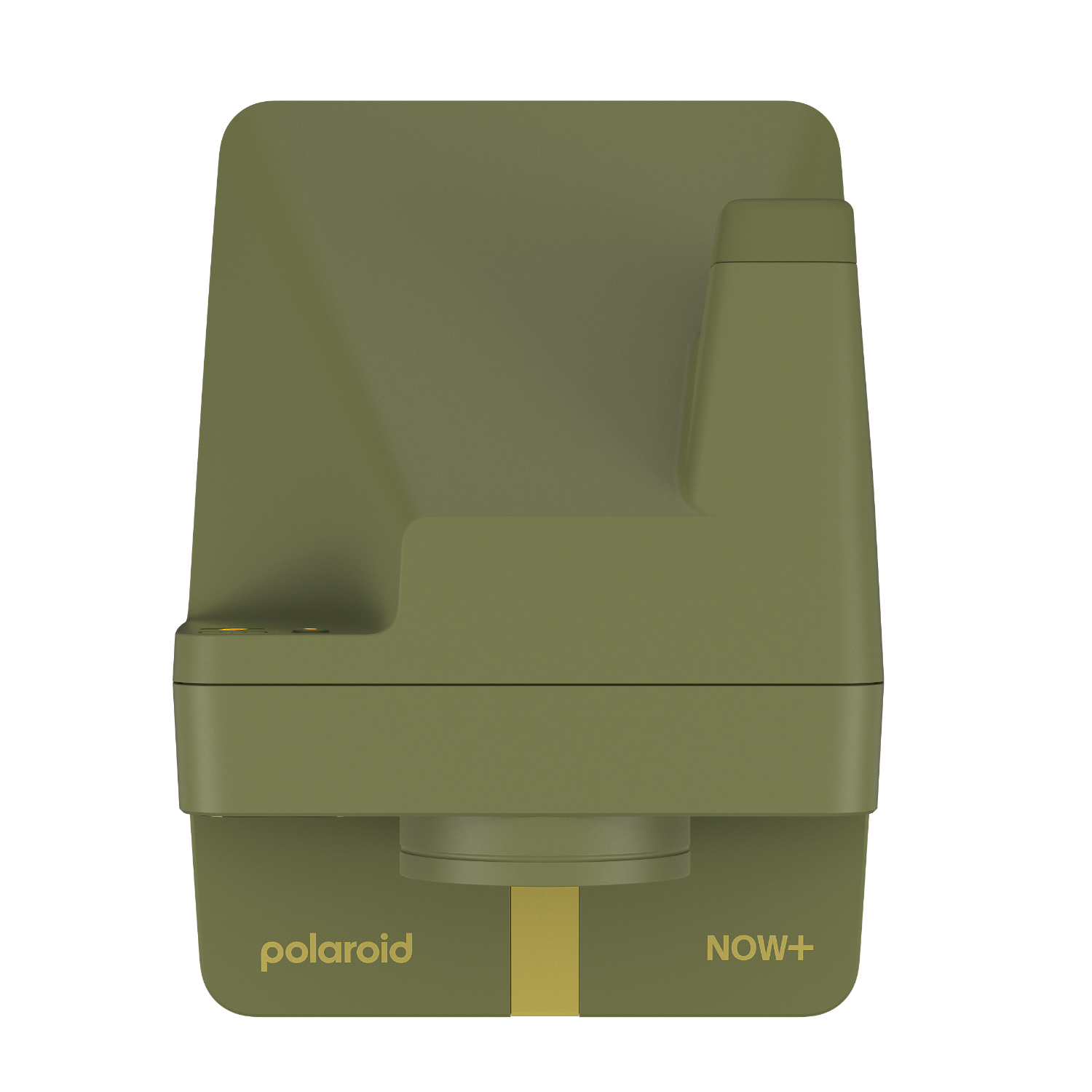 Una vista dall'alto di una fotocamera Polaroid Now+ verde. La fotocamera è verde oliva con il logo Polaroid.