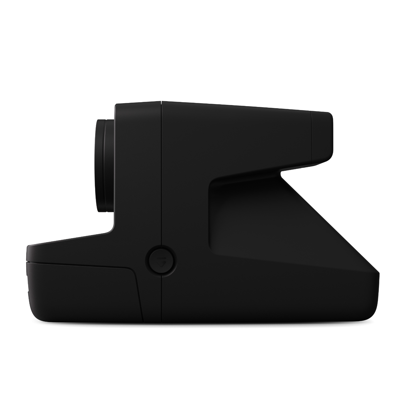 Czarny aparat Polaroid, widok z boku, na białym tle.