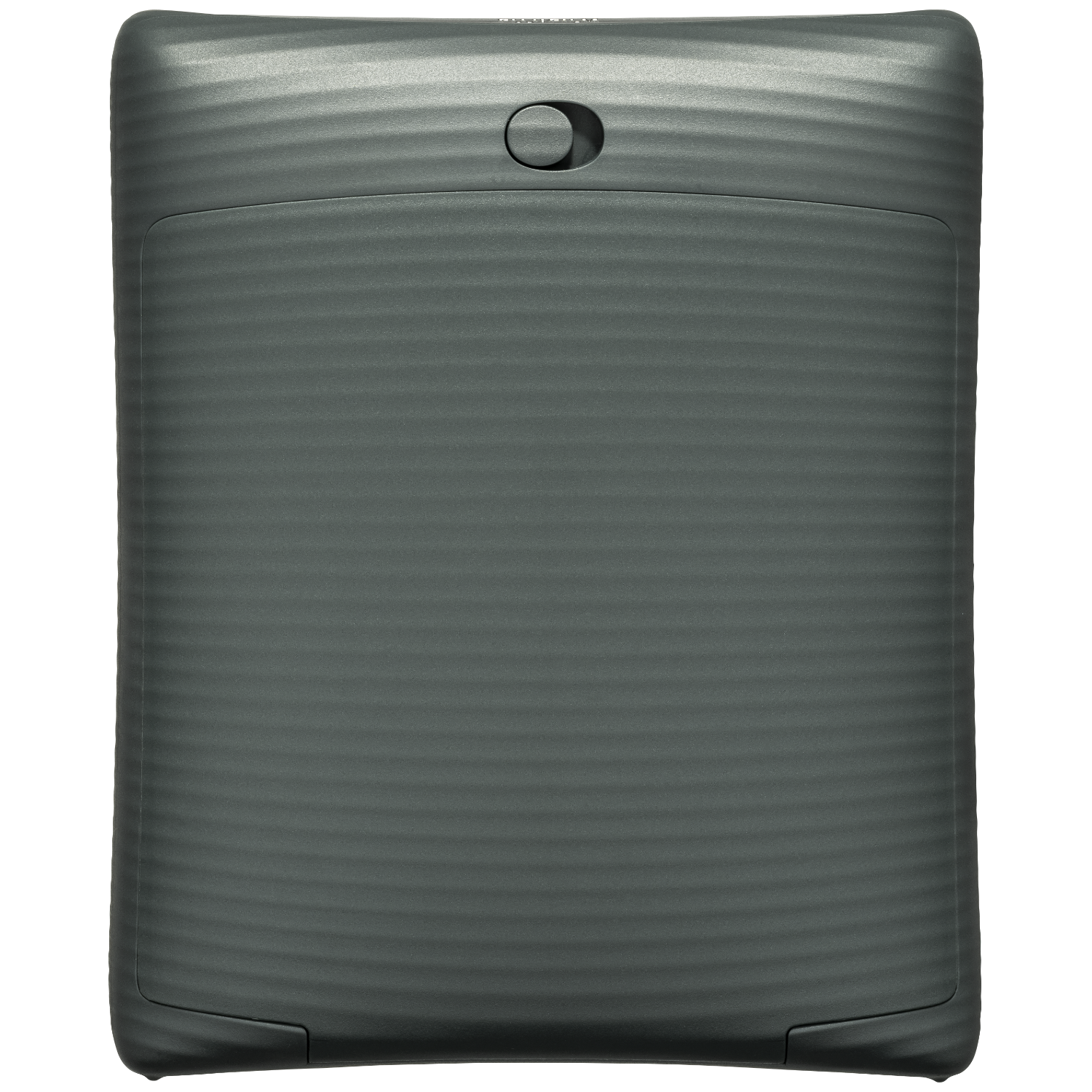 Retro tablet strutturato grigio. Ha una sezione rialzata con un pulsante. La superficie è scanalata orizzontalmente. Lo sfondo è nero.