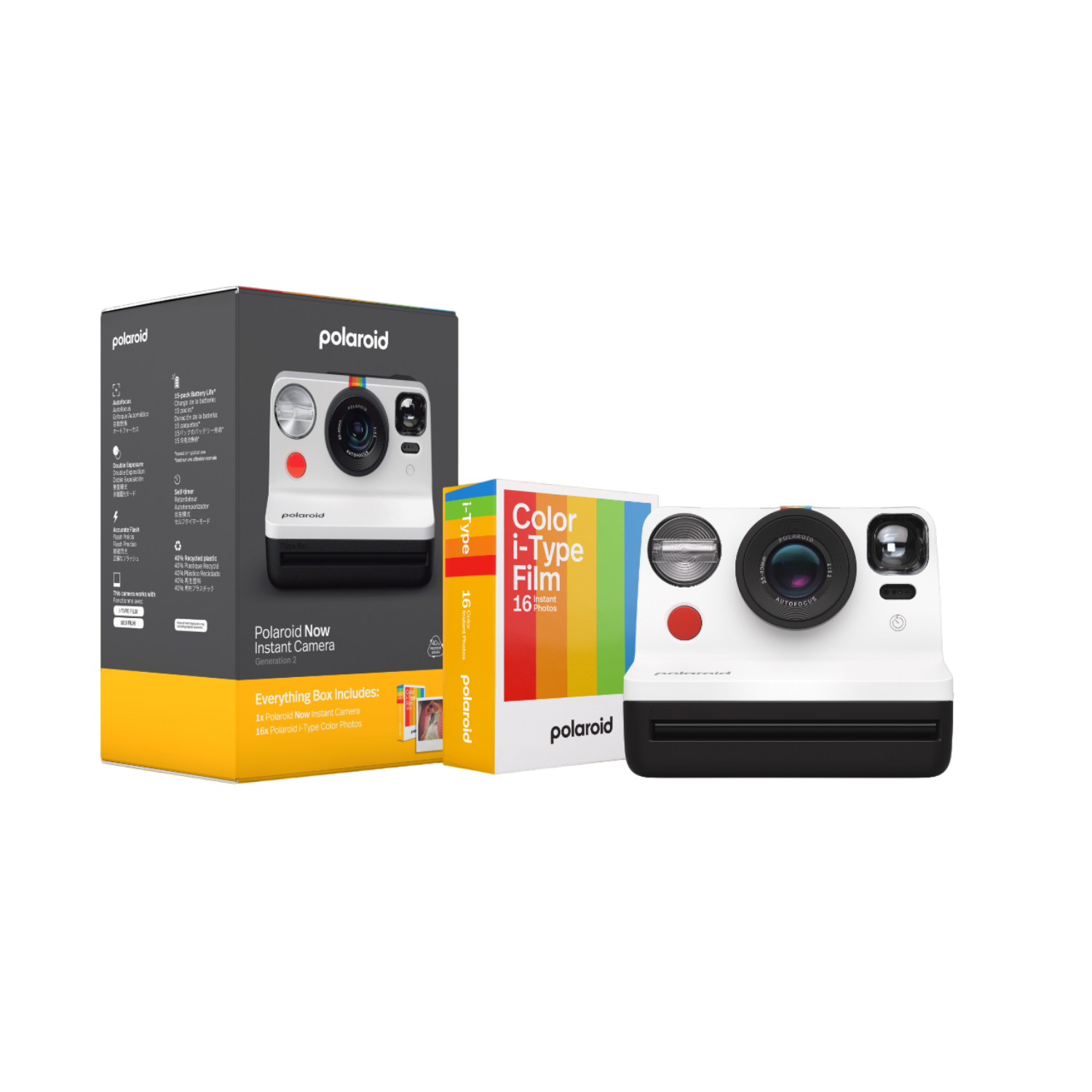 Aparat Polaroid, pudełko z filmem i opakowanie. Biały aparat z czerwonym przyciskiem. Czarno-białe opakowanie.