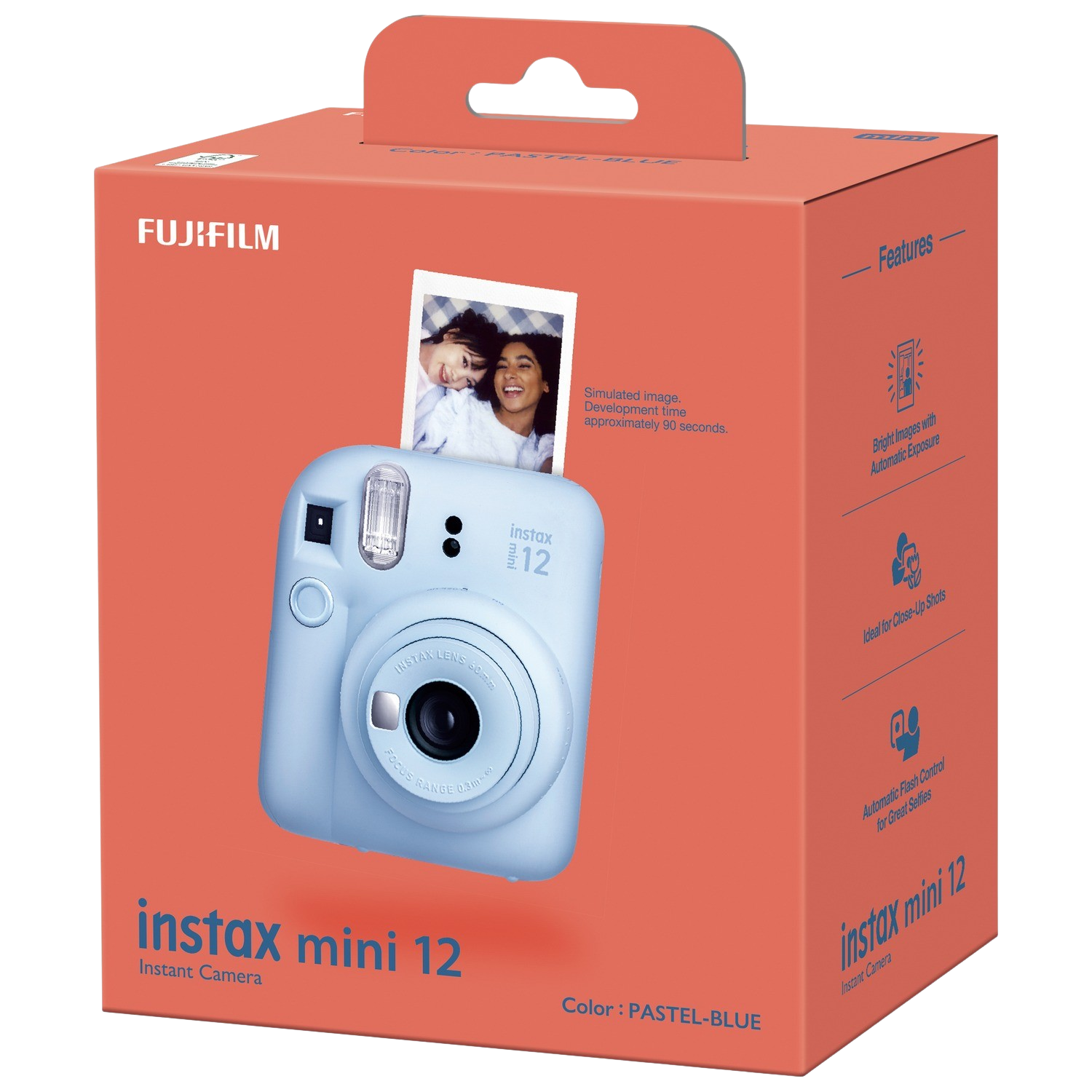 Özellikler, insan resimleri ve pastel mavi renk içeren bir kutuda açık mavi Instax Mini 12 kamera.