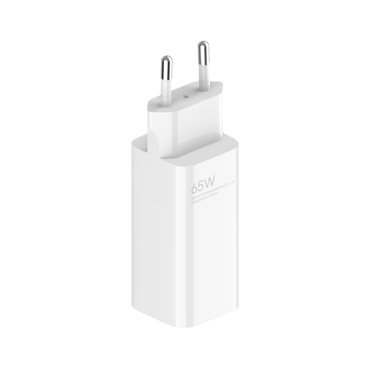 Witte oplader met twee pinnen. Het heeft de tekst '65W' en 'Designed by Xiaomi' op de voorkant.
