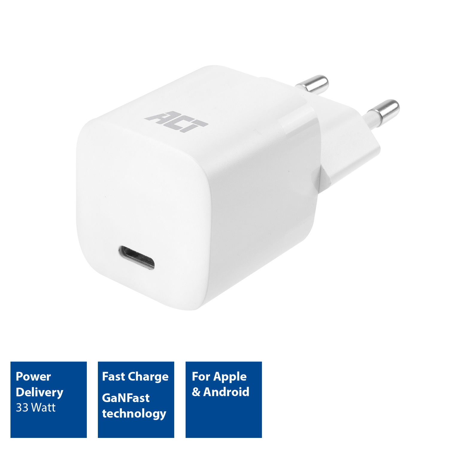 Weißes Ladegerät mit USB-C-Anschluss. Text zeigt Power Delivery, Schnellladung und Apple/Android.