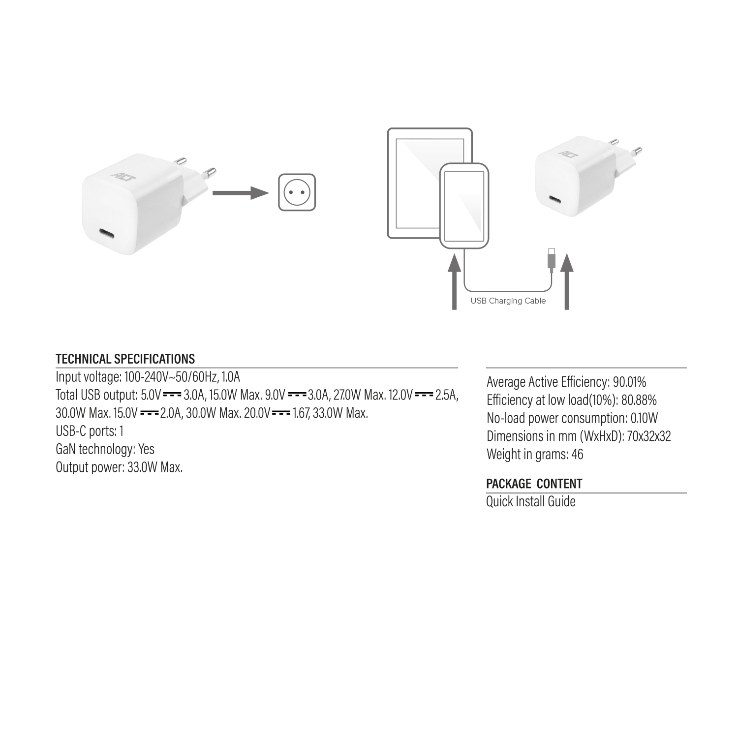 Technische Daten und Packungsinhalt eines weißen USB-Ladegeräts.