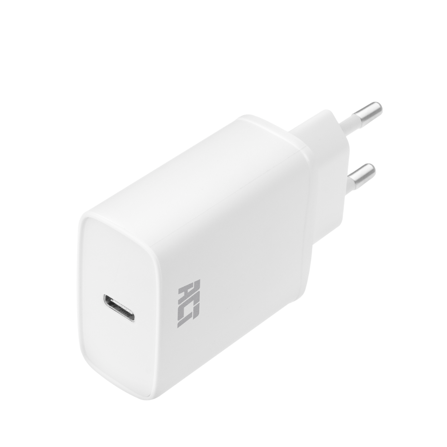 A white charger with a USB-C port. The charger has a logo and a two-prong plug.