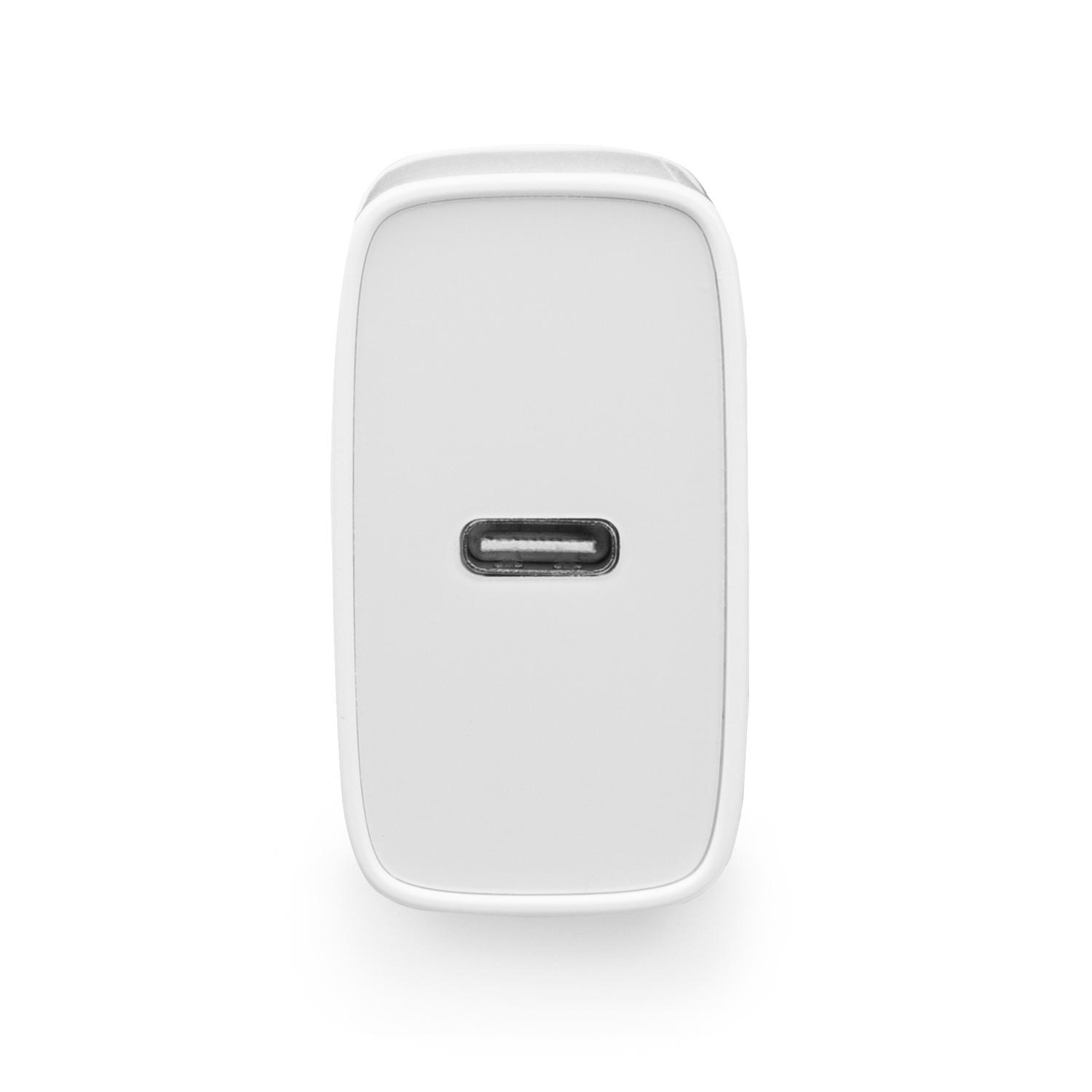 White USB-C charger on white background.