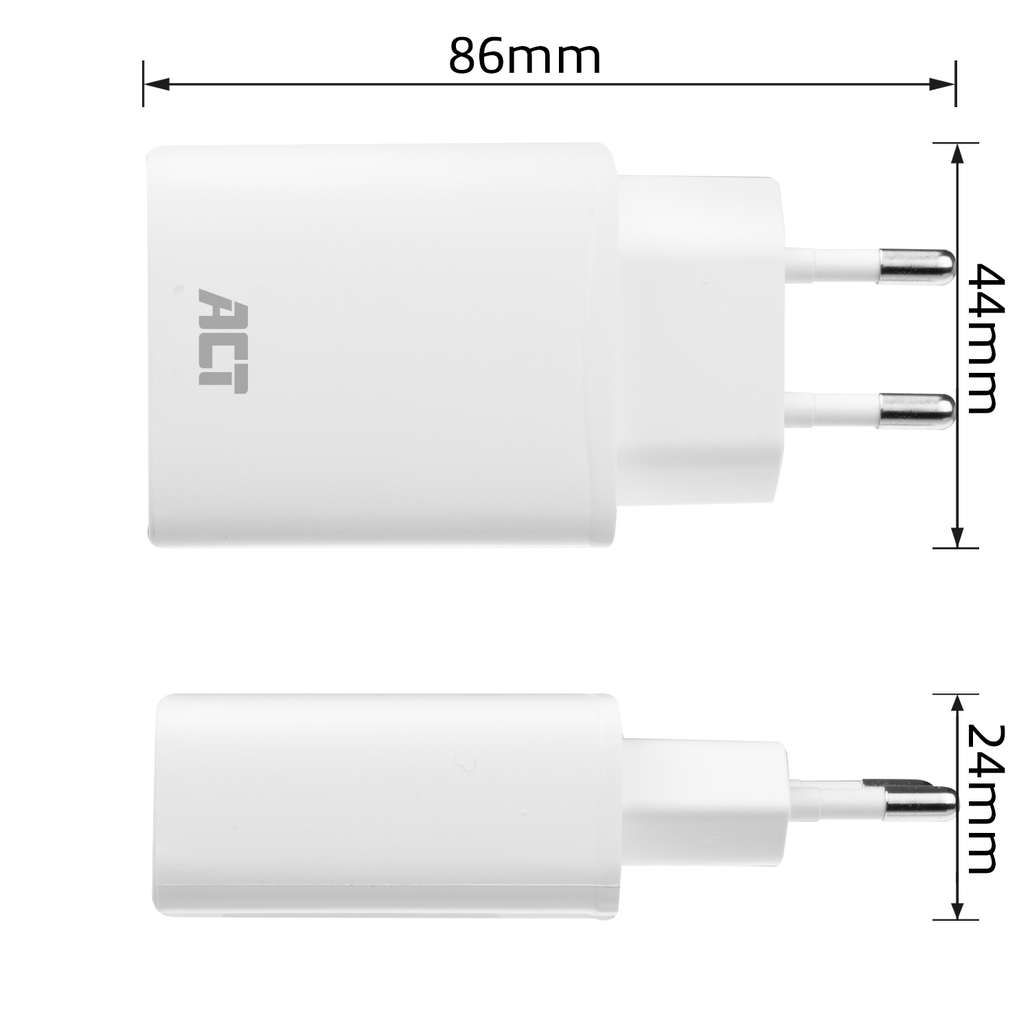 White charger with dimensions: 86mm long, 44mm high, 24mm thick.