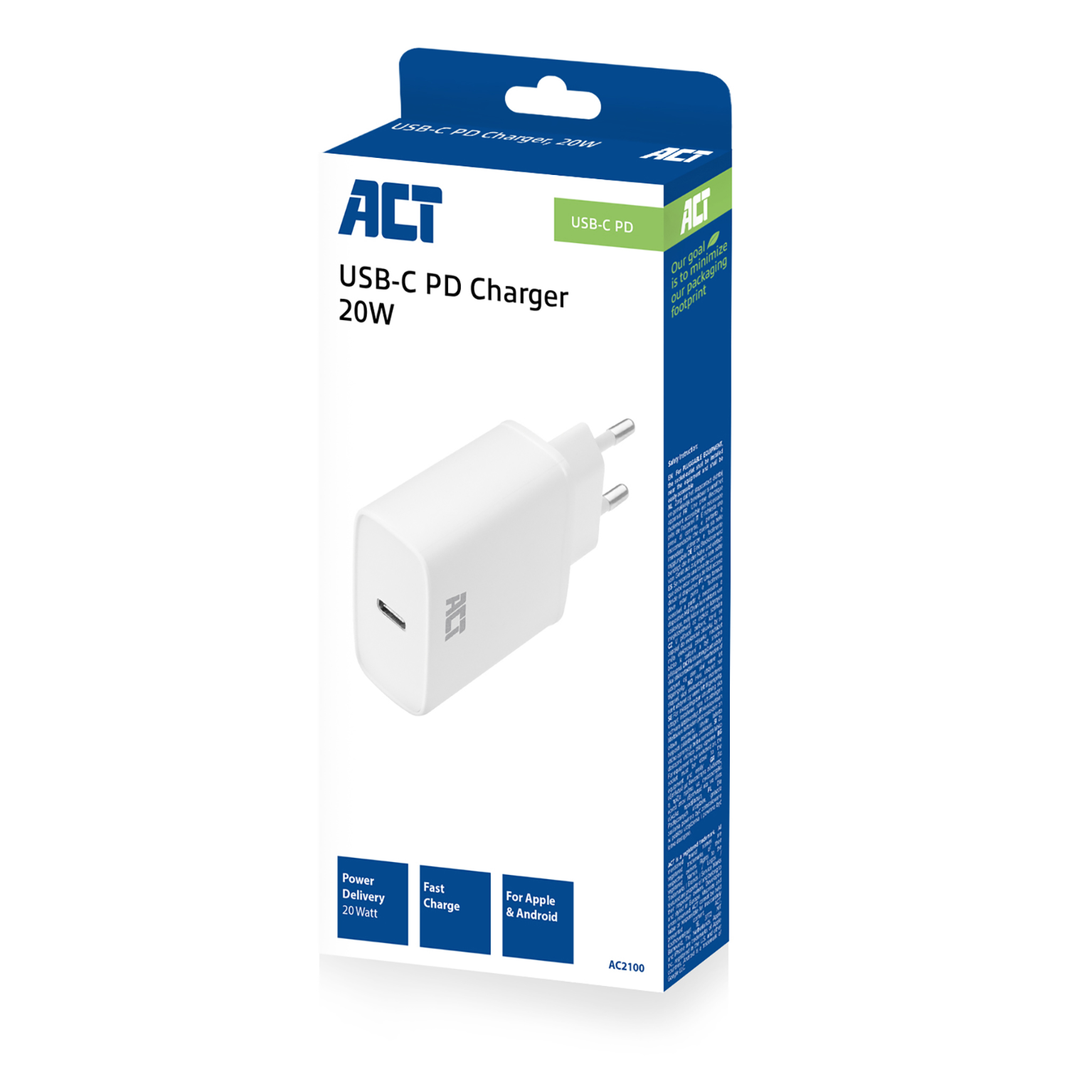 A white USB-C PD charger in a blue box, with text and a plug.
