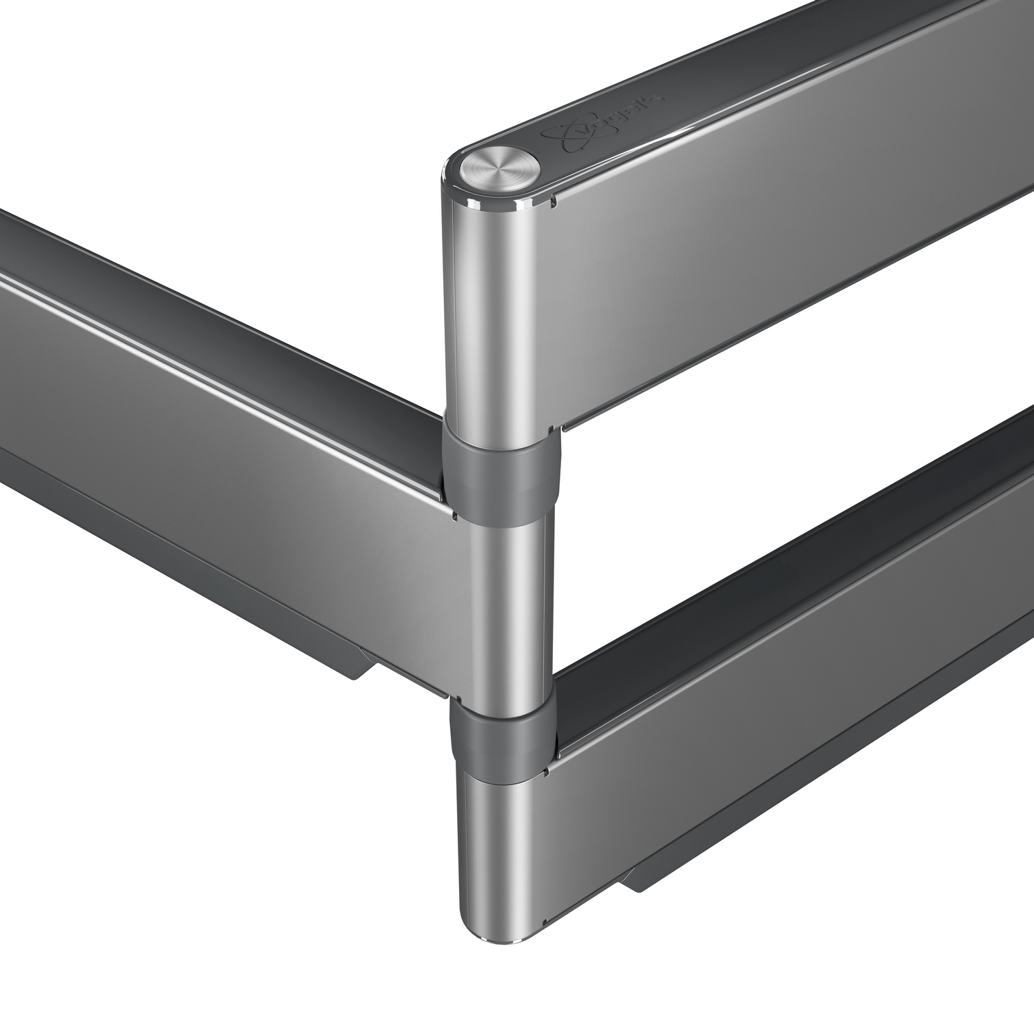 Srebrny metalowy stojak na biurko. Zbliżenie na połączenia. Szare gumowe pierścienie. Białe tło.