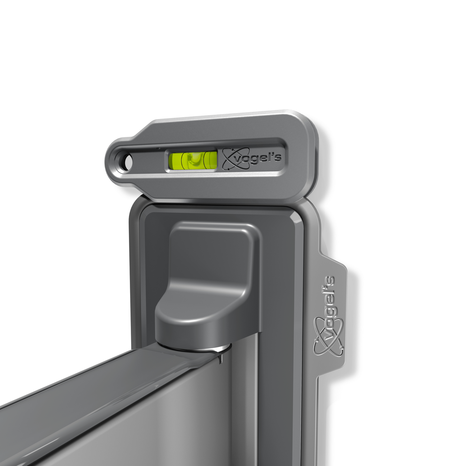 Szary uchwyt ścienny do telewizora Vogel's z poziomicą.