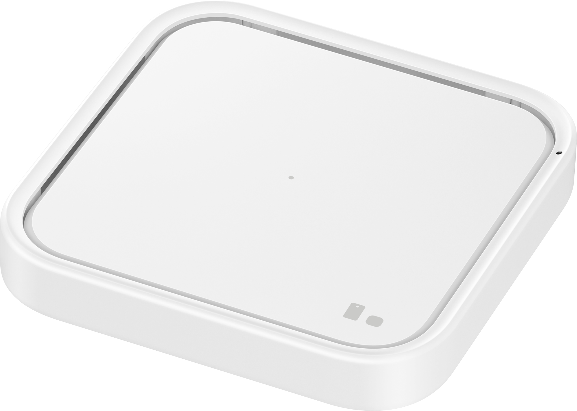 Un dispositivo blanco, de forma cuadrada, con una parte superior ligeramente curvada y un pequeño indicador luminoso.