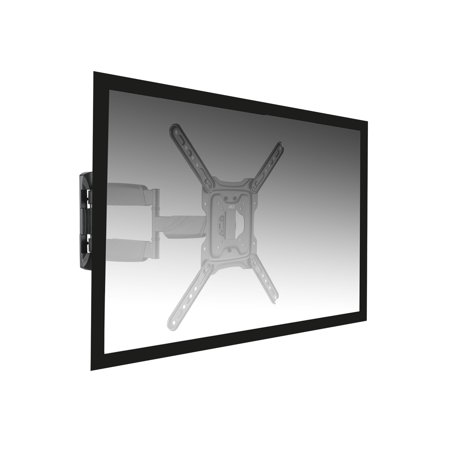 Un televisor montado en una pared. El televisor es negro y está montado en un soporte plateado.