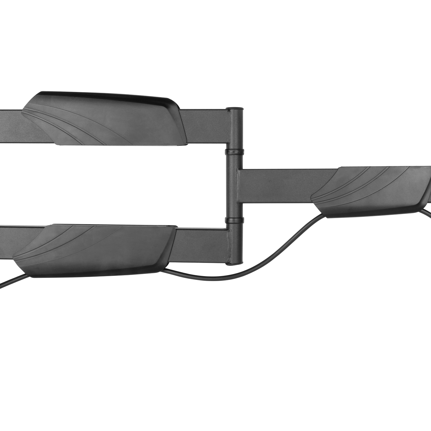 Un brazo de montaje de TV negro con un cable, sobre un fondo blanco.