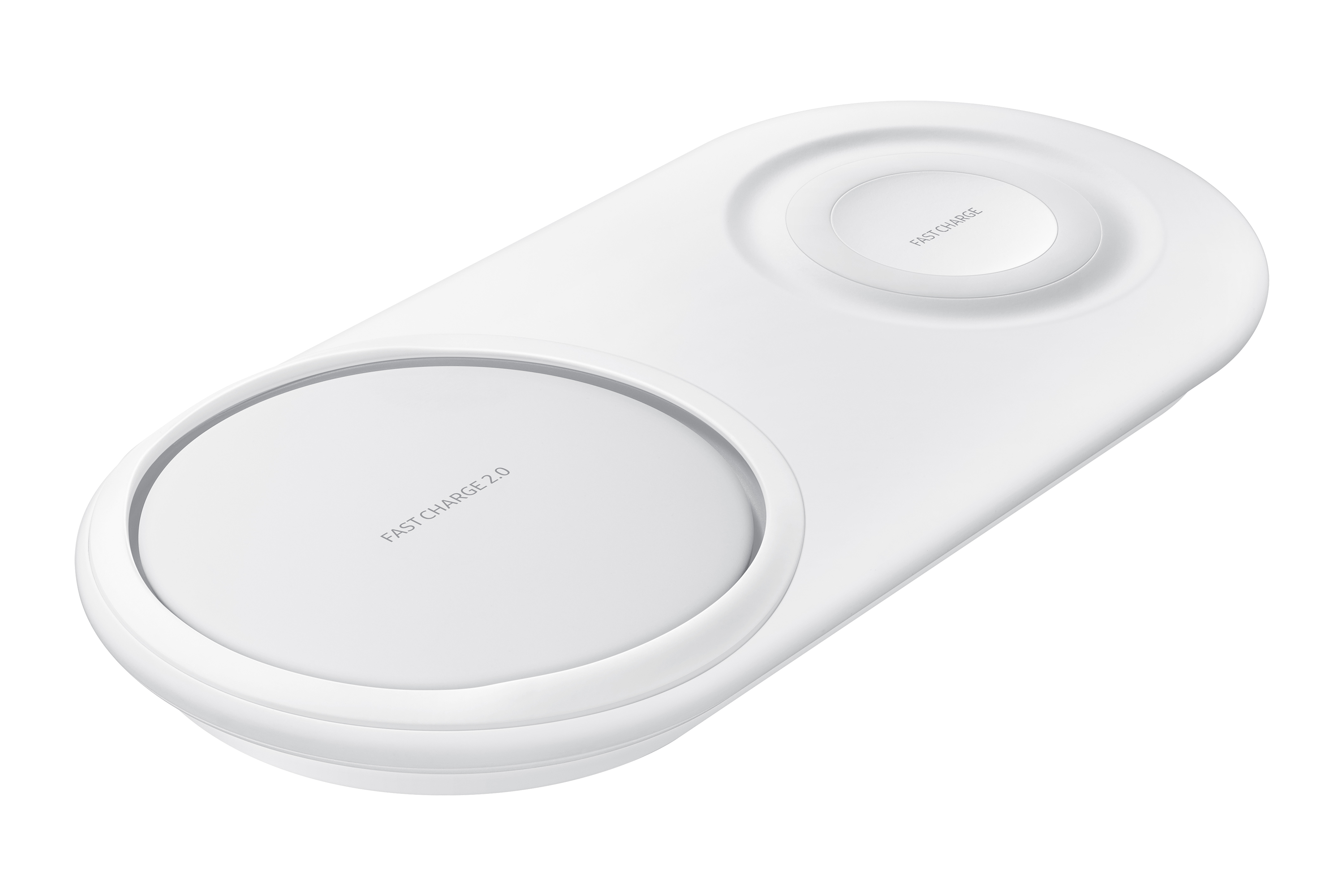 Base de carga inalámbrica blanca con dos áreas de carga, una para teléfono, otra para reloj.