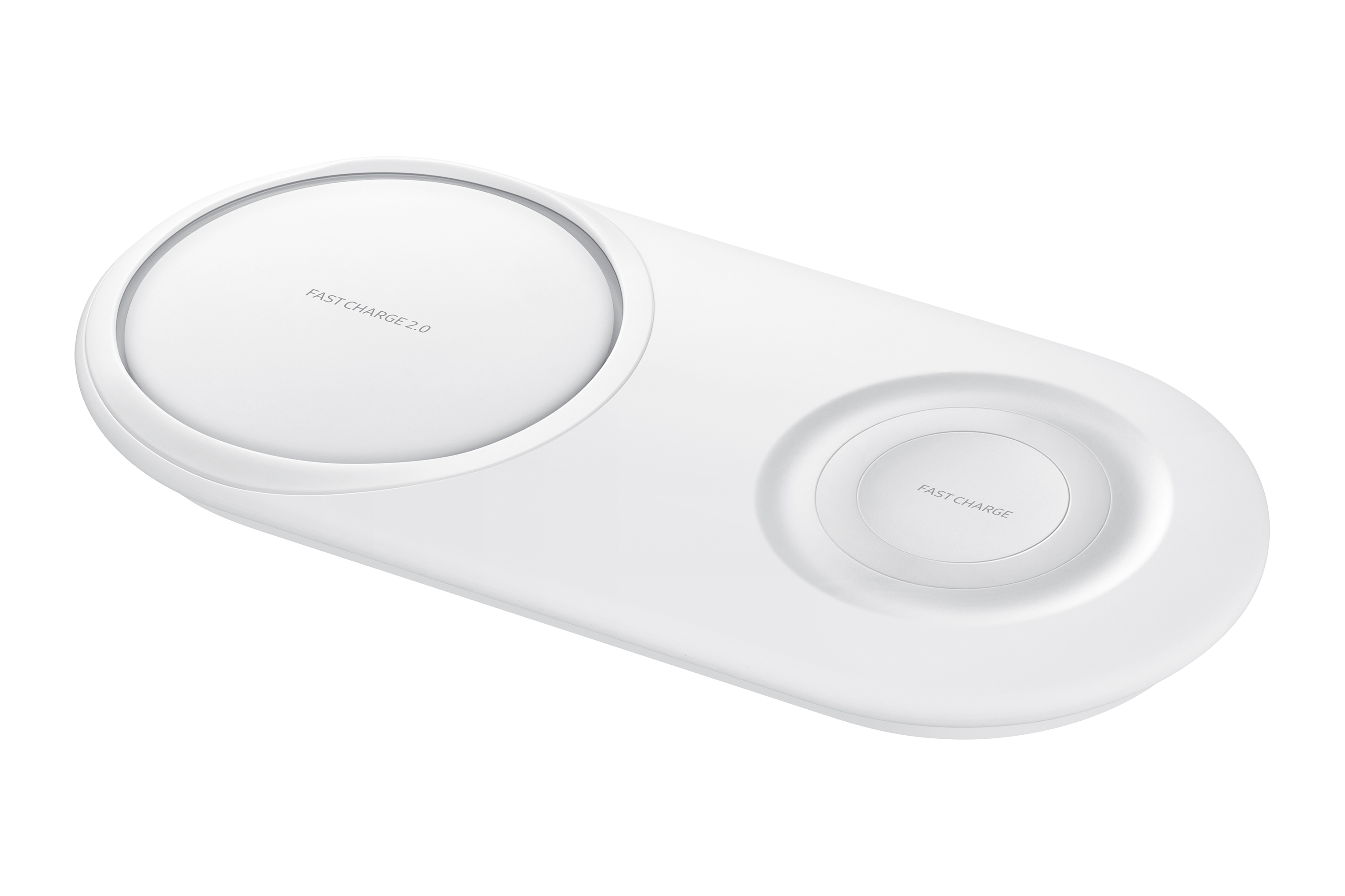 Base de carga inalámbrica ovalada blanca con dos áreas de carga, etiquetada 'FAST CHARGE 2.0'.
