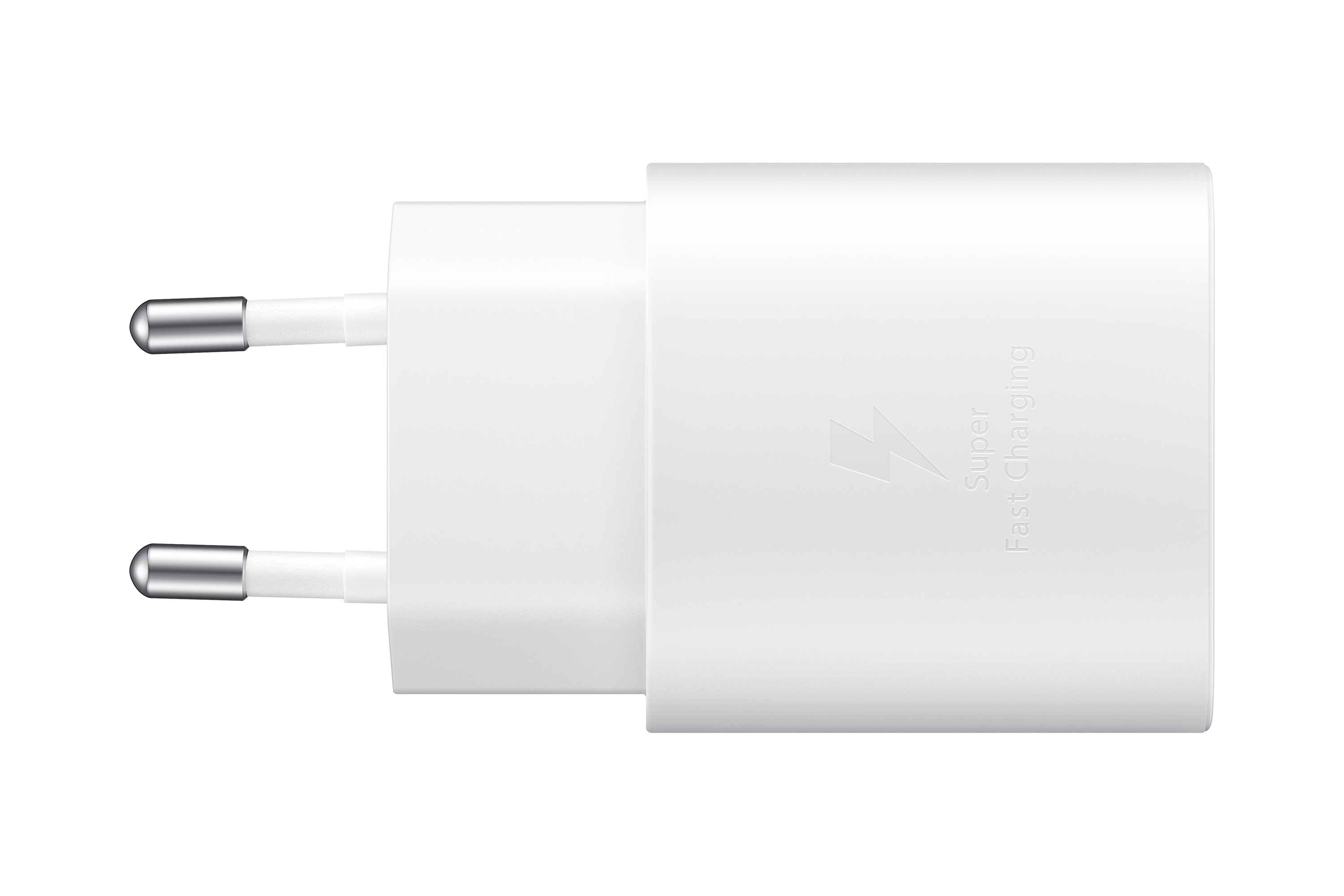 Weißes Samsung-Ladegerät mit zwei Stiften und der Aufschrift 'Super Fast Charging'.